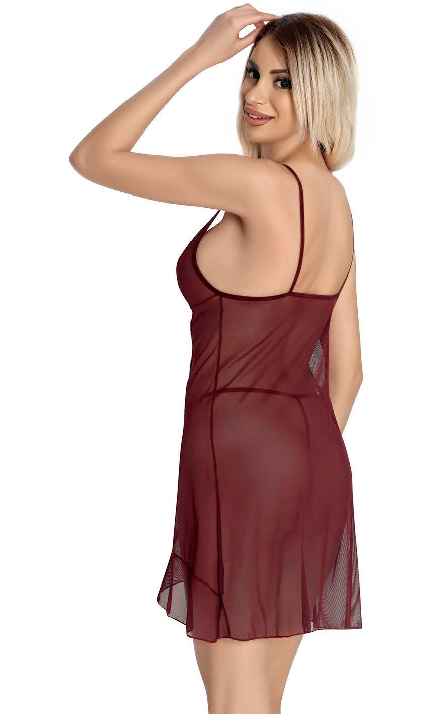 Aria's Closet Bordo Dantel İşlemeli Göğüs İp Detaylı Fantezi Tül Gecelik