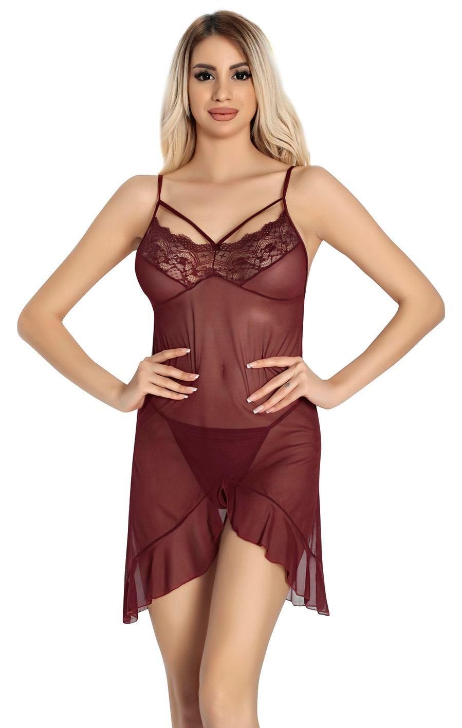 Aria's Closet Bordo Dantel İşlemeli Göğüs İp Detaylı Fantezi Tül Gecelik