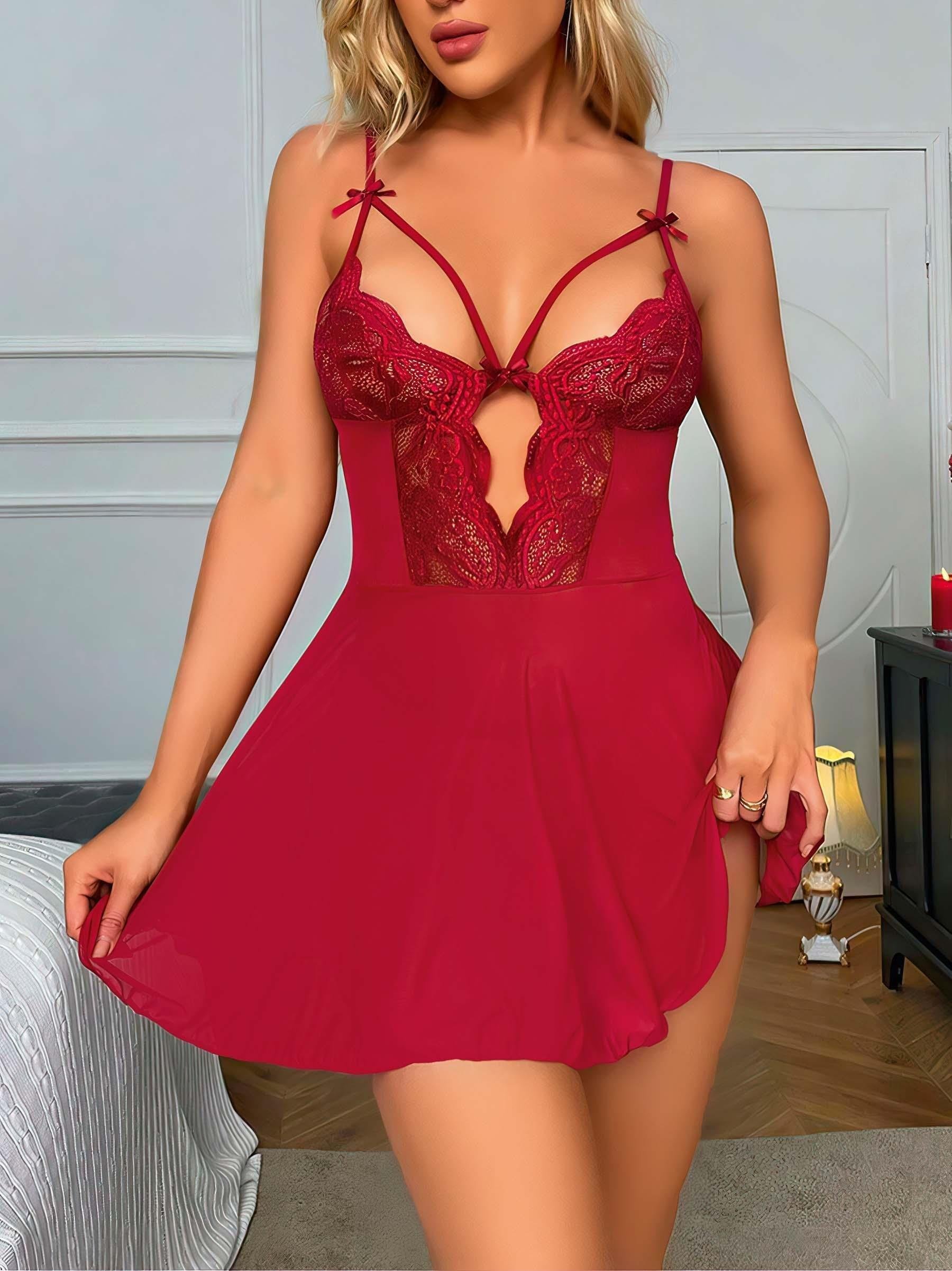 Aria's Closet Bordo Dantel İşlemeli Göğüs İp Detaylı Fantezi Tül Gecelik Takımı