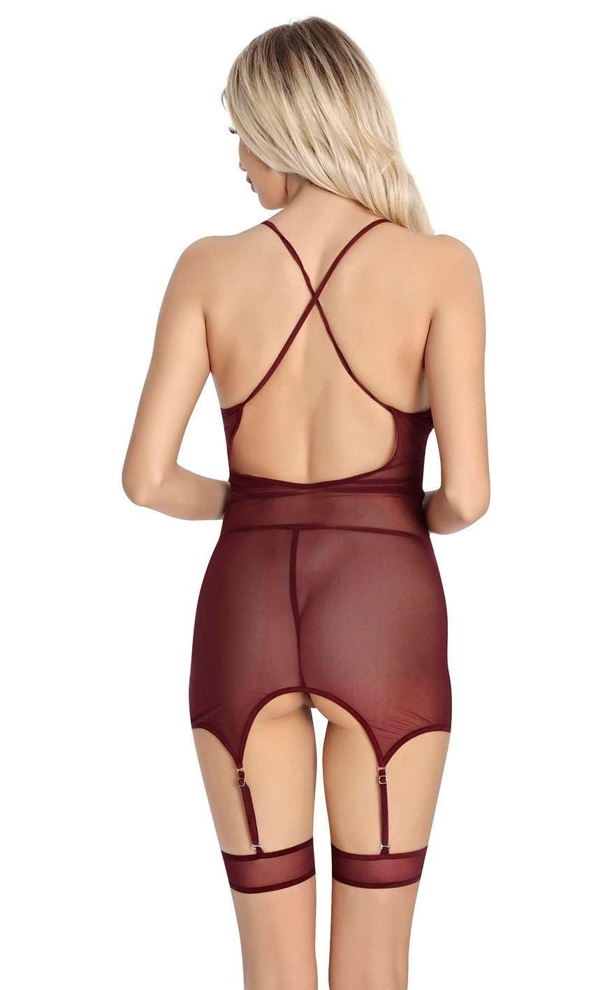 Aria's Closet Bordo Dantel İşlemeli Göğüs İp Detaylı Fantezi Jartiyer Takımı