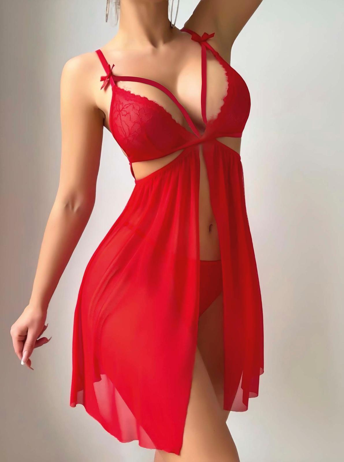 Aria's Closet Kırmızı Göğüs İp Detaylı Dantel İşlemeli Tül Gecelik