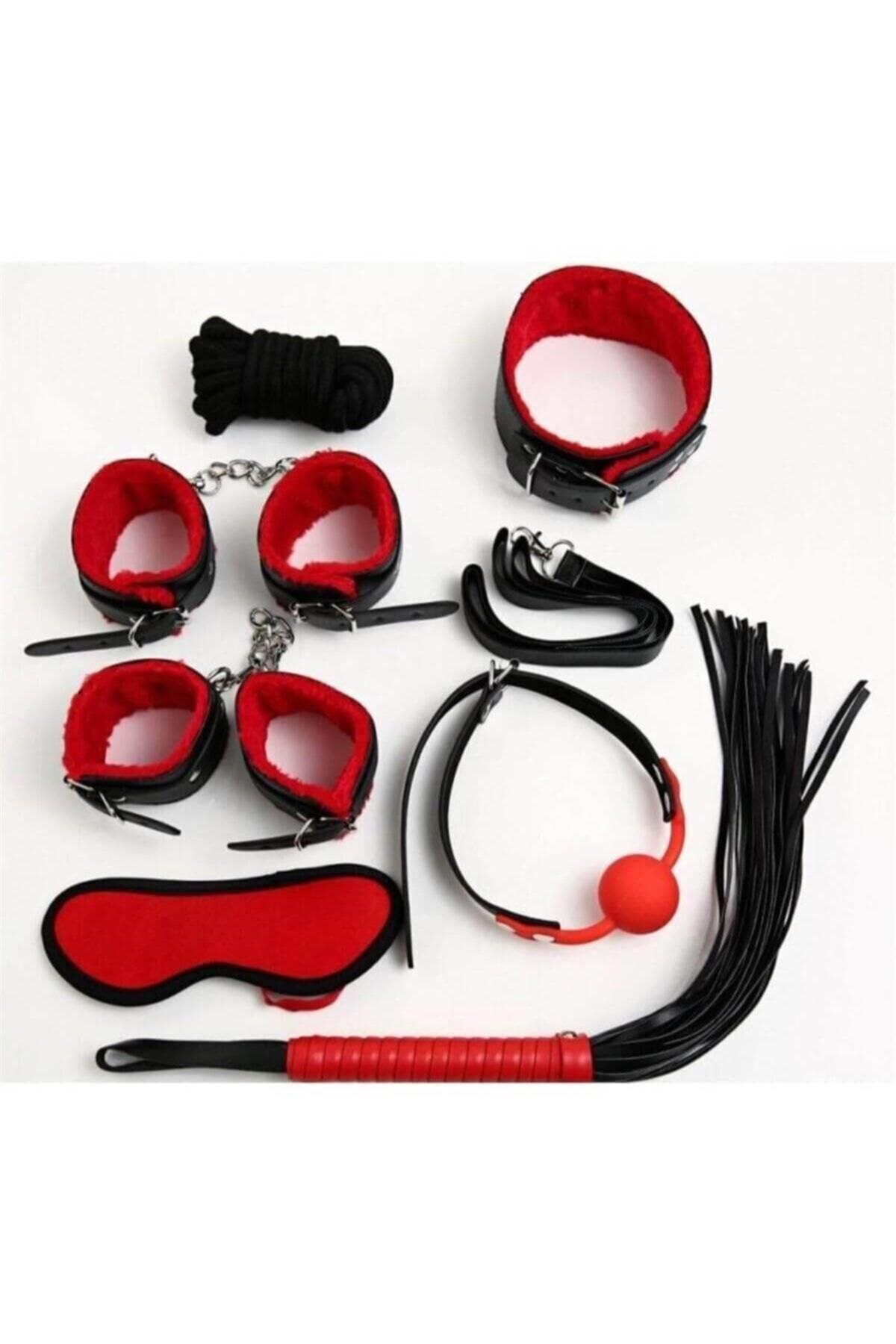 Aria's Closet Kırmızı/Siyah İçi Tüylü Deri 7'li Harness Set