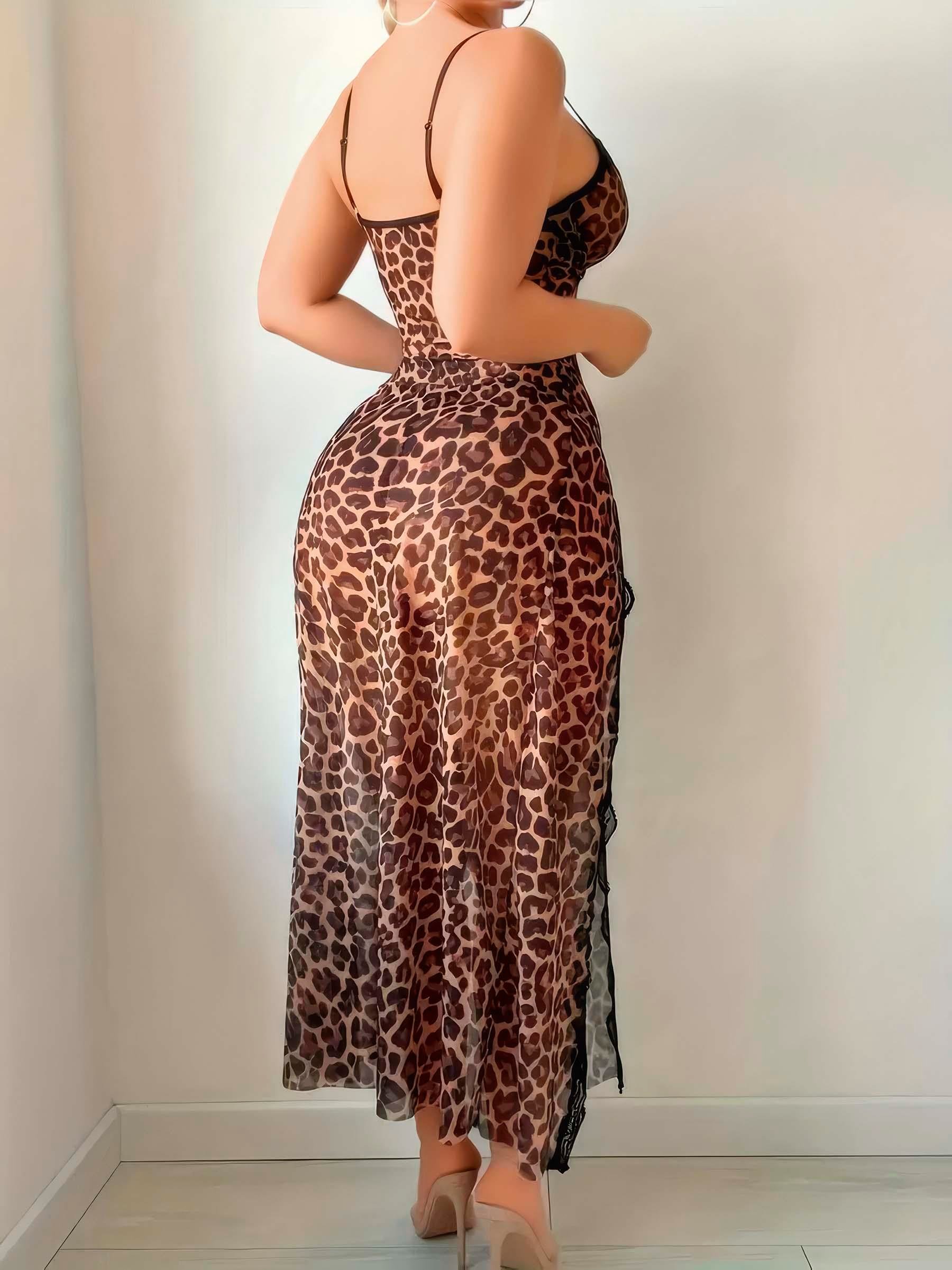 Aria's Closet Leopar Desenli Yırtmaçlı Fantezi Uzun Gecelik