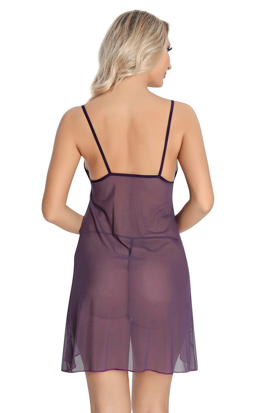 Aria's Closet Mor Dantel İşlemeli Göğüs İp Detaylı Fantezi Tül Gecelik