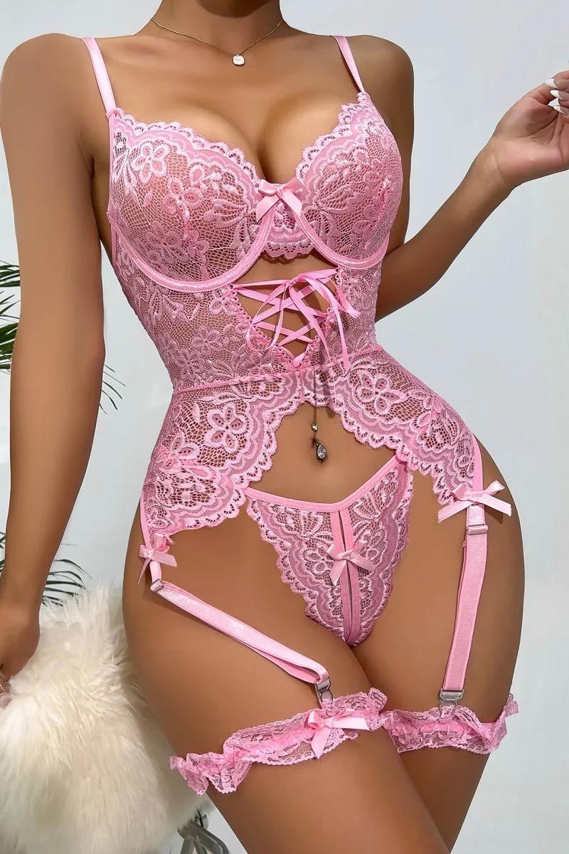 Aria's Closet Özel Tasarım Dantelli Fantezi Pembe Jartiyer Takımı