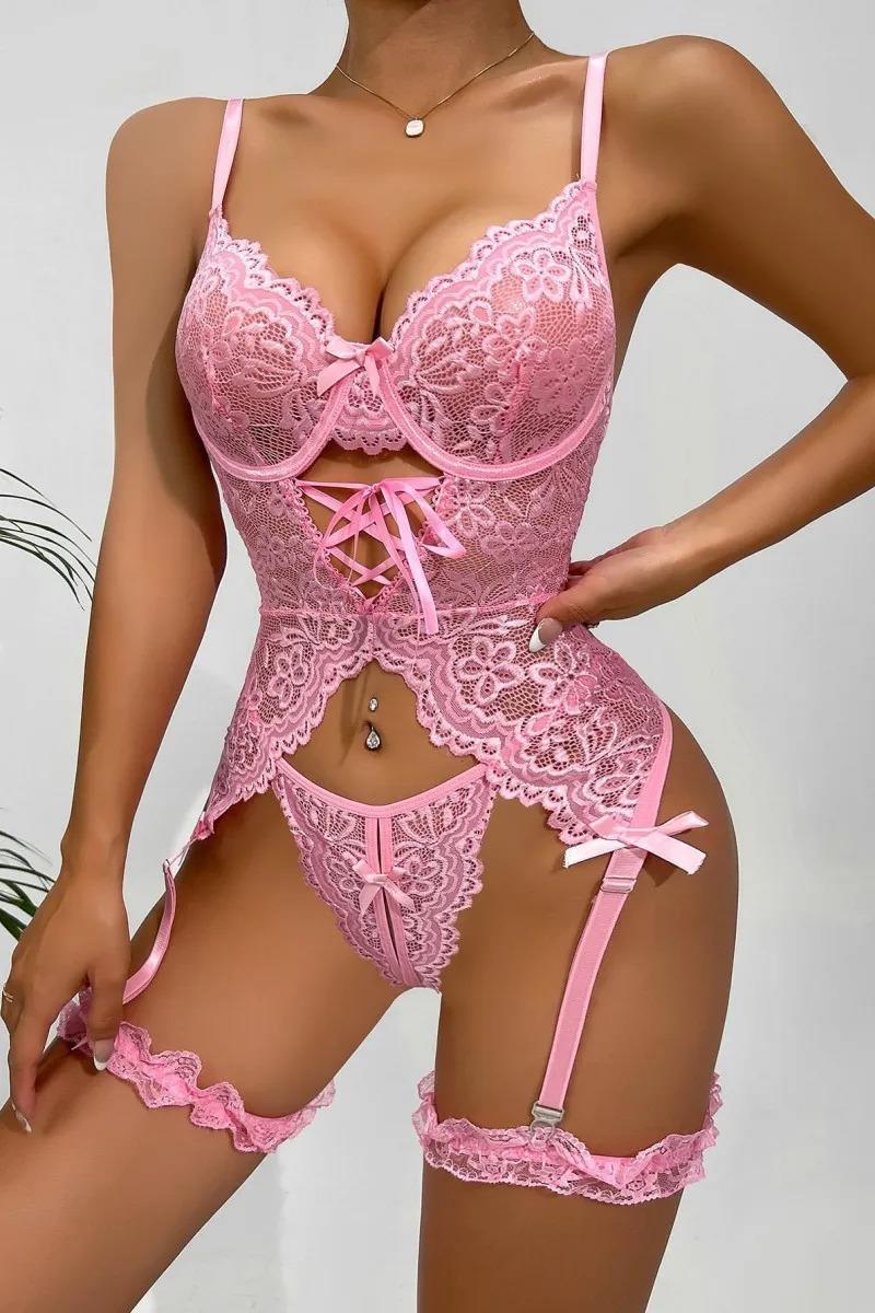 Aria's Closet Özel Tasarım Dantelli Fantezi Pembe Jartiyer Takımı