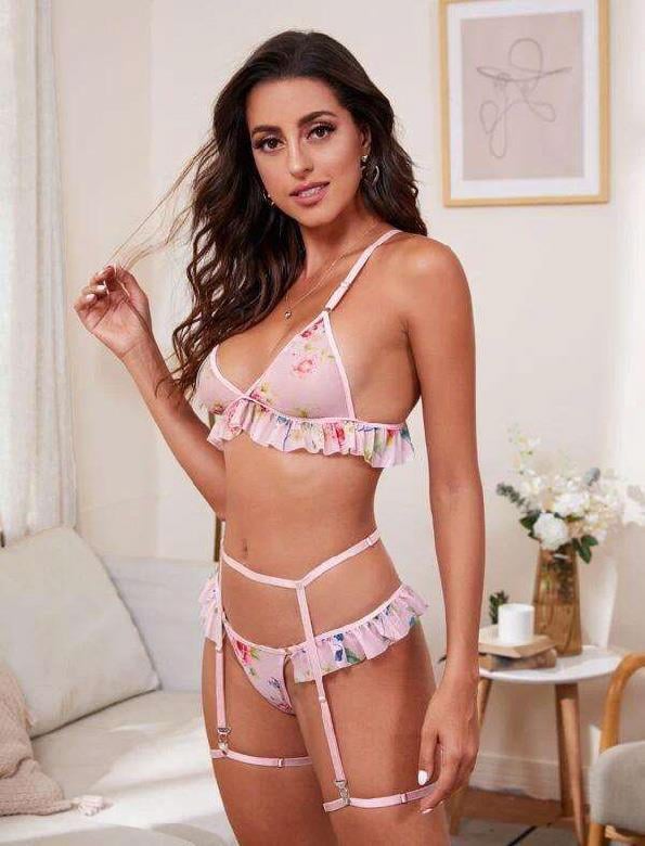 Aria's Closet Pembe Çiçek Desen Fırfırlı Fantezi Jartiyer Takım