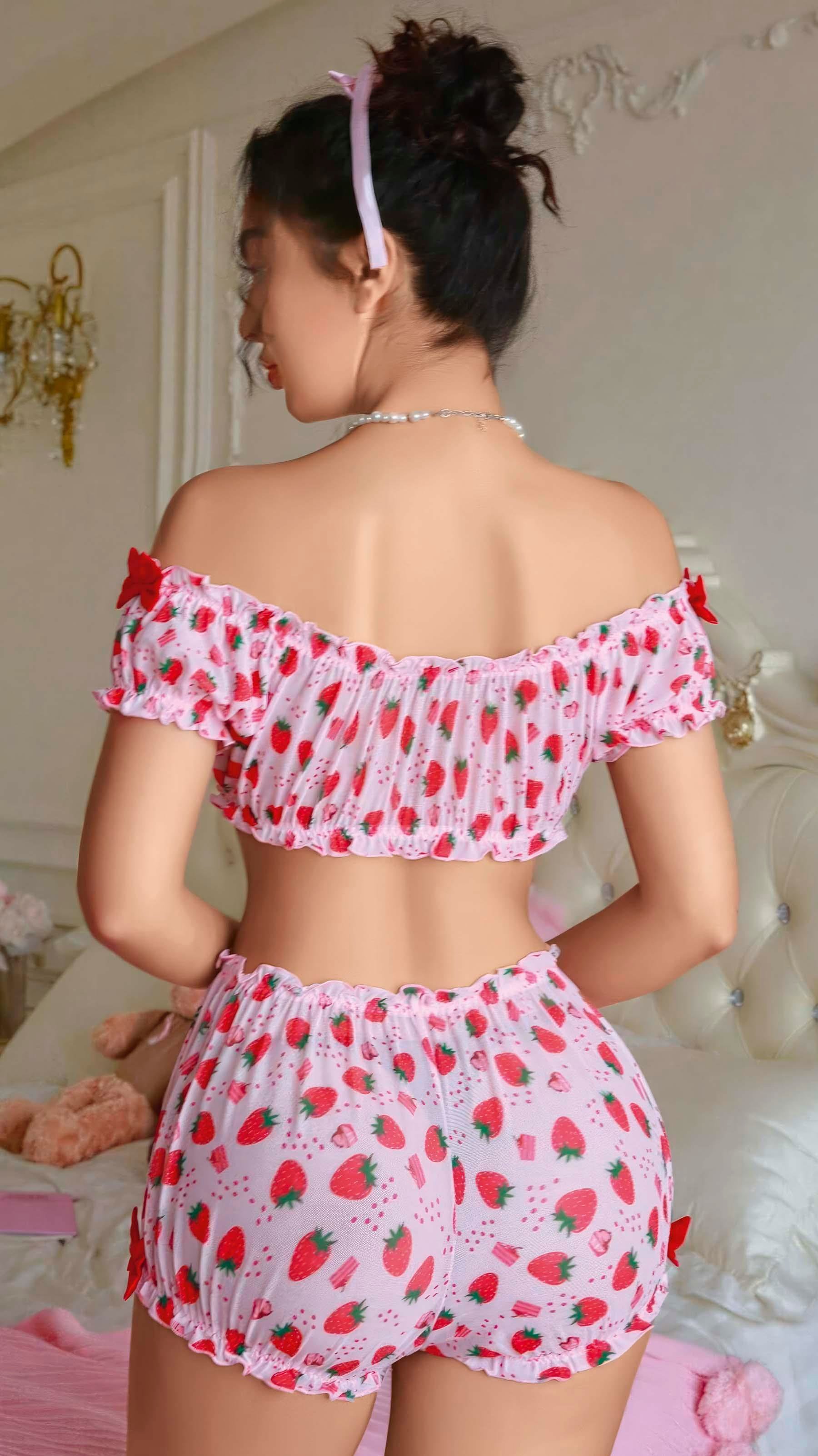 Aria's Closet Pembe Çilek Desenli Şortlu Fantezi Sütyen Takımı