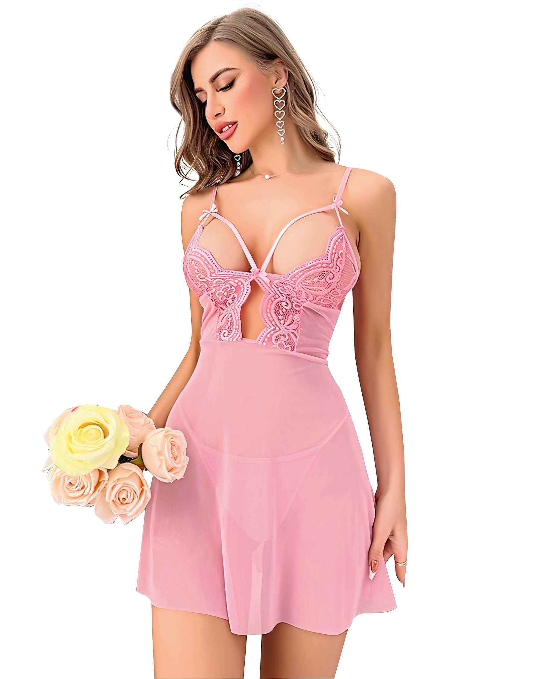 Aria's Closet Pembe Dantel İşlemeli Göğüs İp Detaylı Fantezi Tül Gecelik Takımı