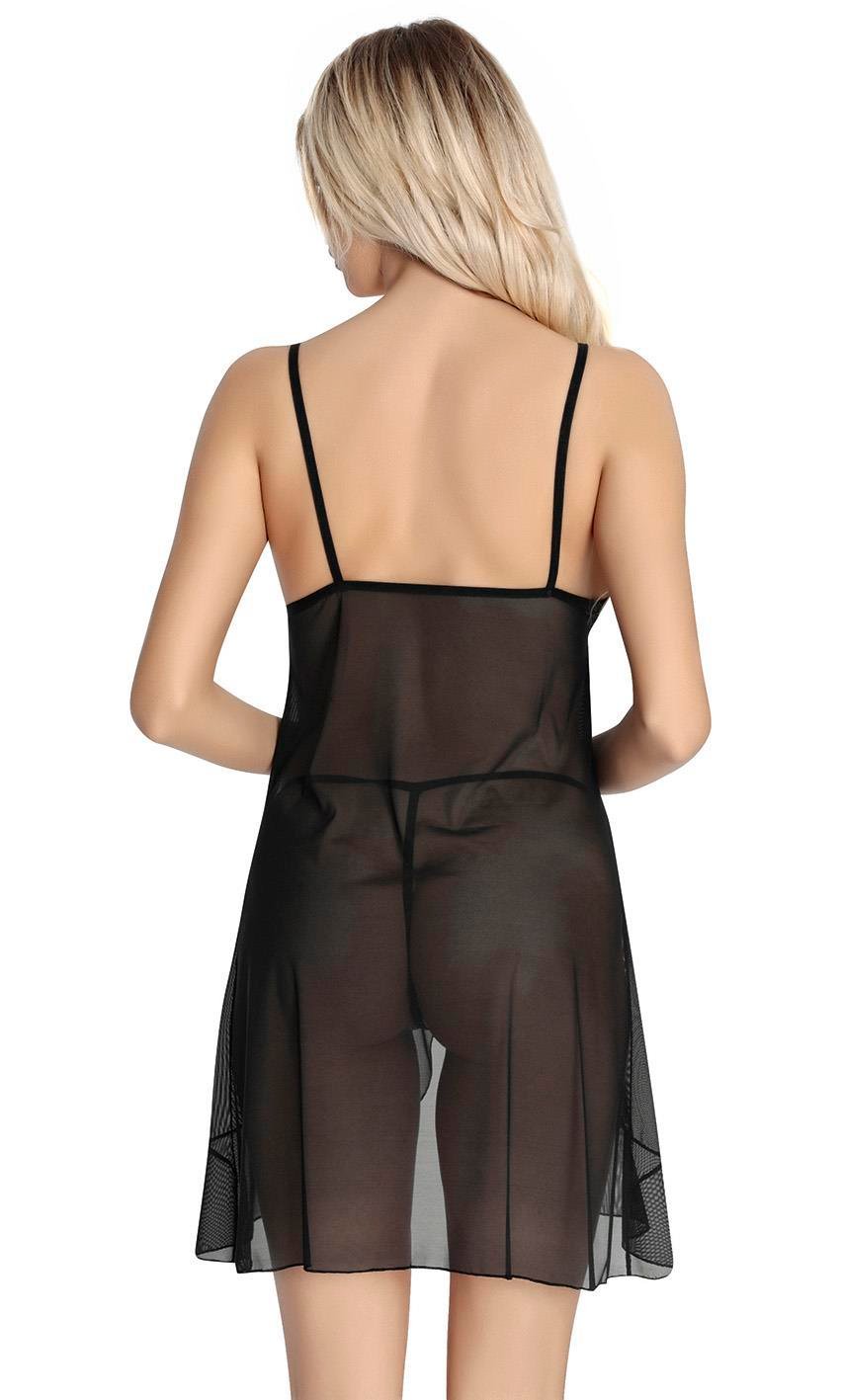 Aria's Closet Siyah Dantel İşlemeli Göğüs İp Detaylı Fantezi Tül Gecelik