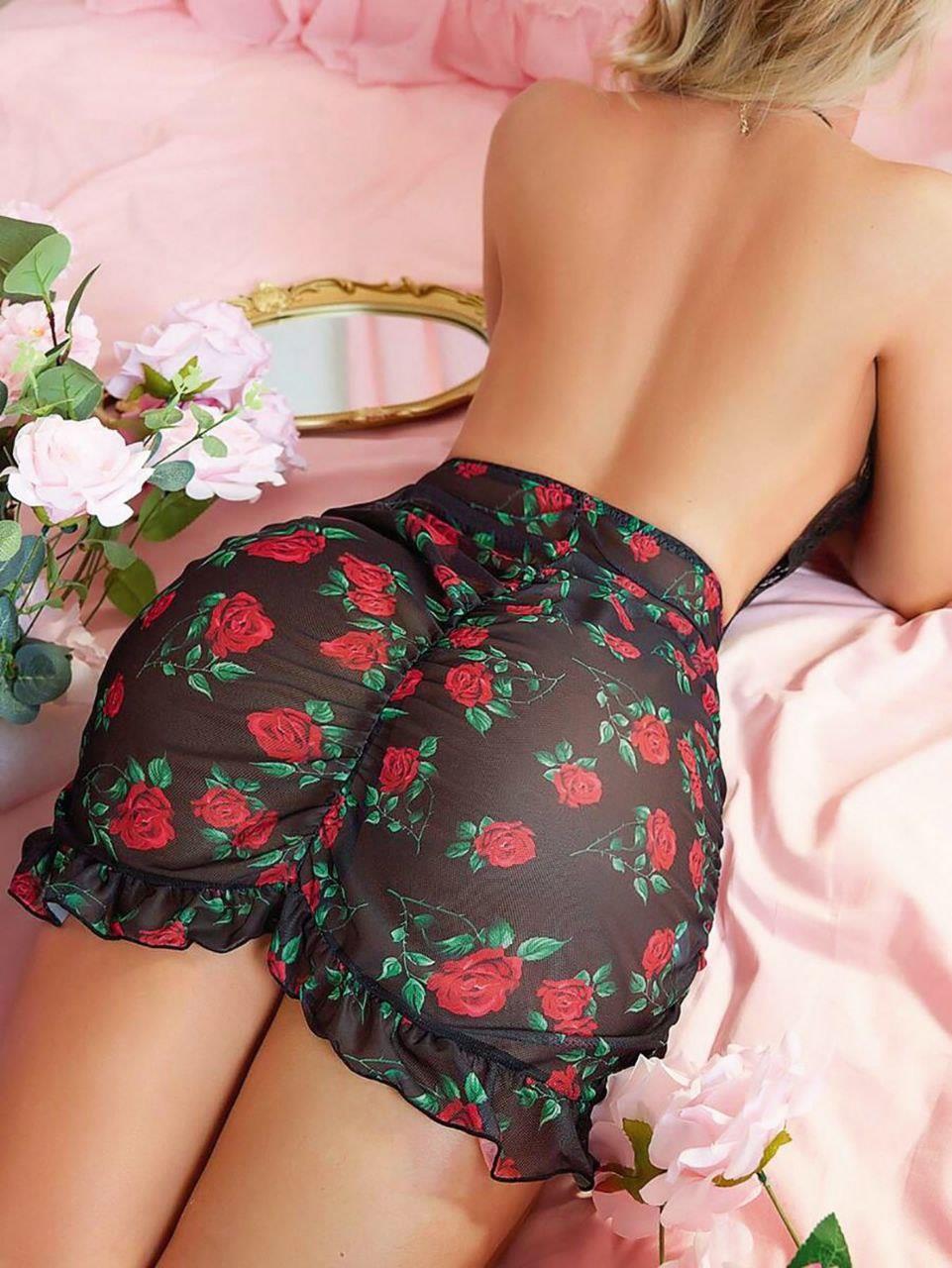 Aria's Closet Siyah Dantel İşlemeli Gül Desenli Mini Fantezi Gecelik