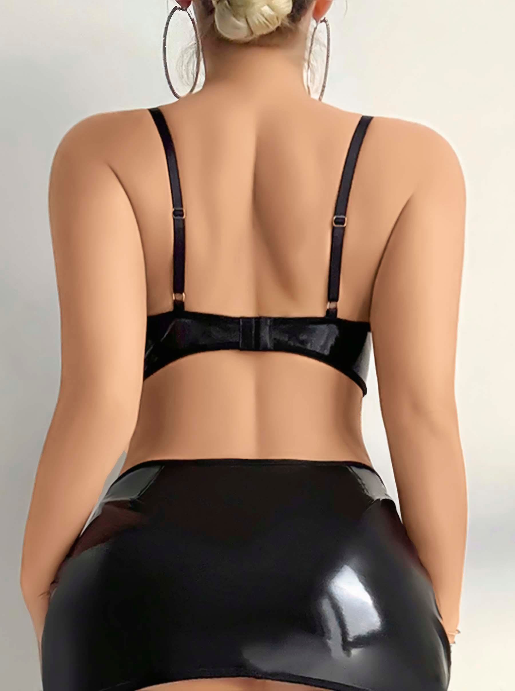 Aria's Closet Siyah İp Dekolteli Mini Etekli Fantezi Parlak Deri Kostüm