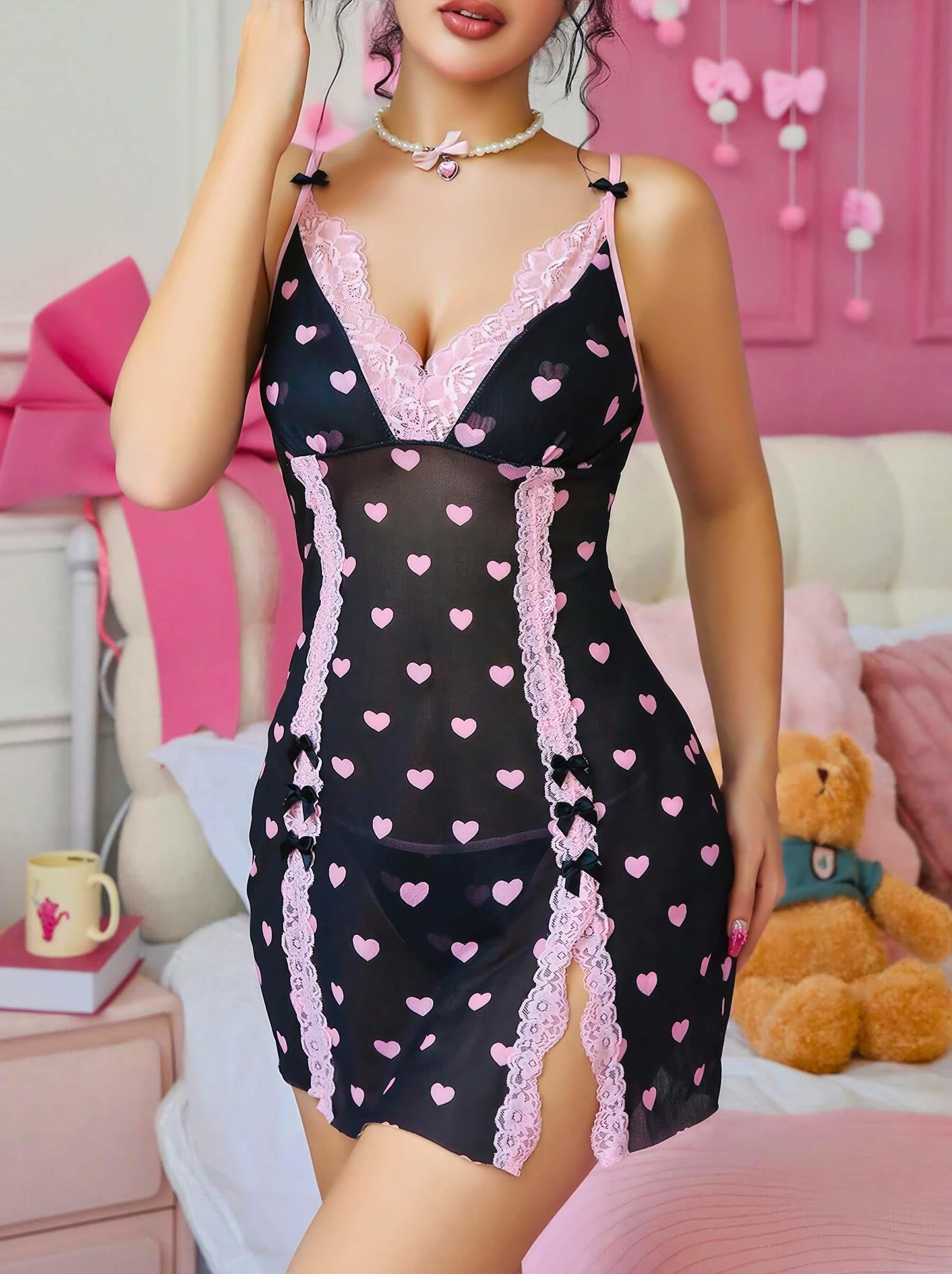 Aria's Closet Siyah Kalp Desenli Dantel İşlemeli Fantezi Gecelik