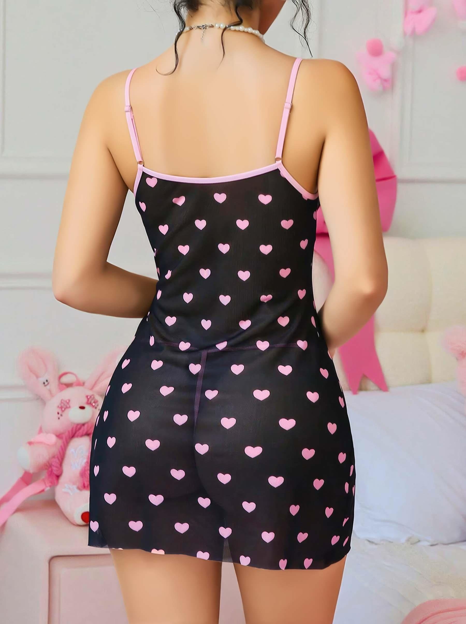 Aria's Closet Siyah Kalp Desenli Dantel İşlemeli Fantezi Gecelik