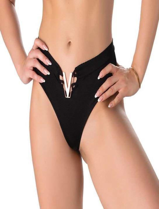 Aria's Closet V Metal Aksesuarlı Fantezi Siyah String Tanga