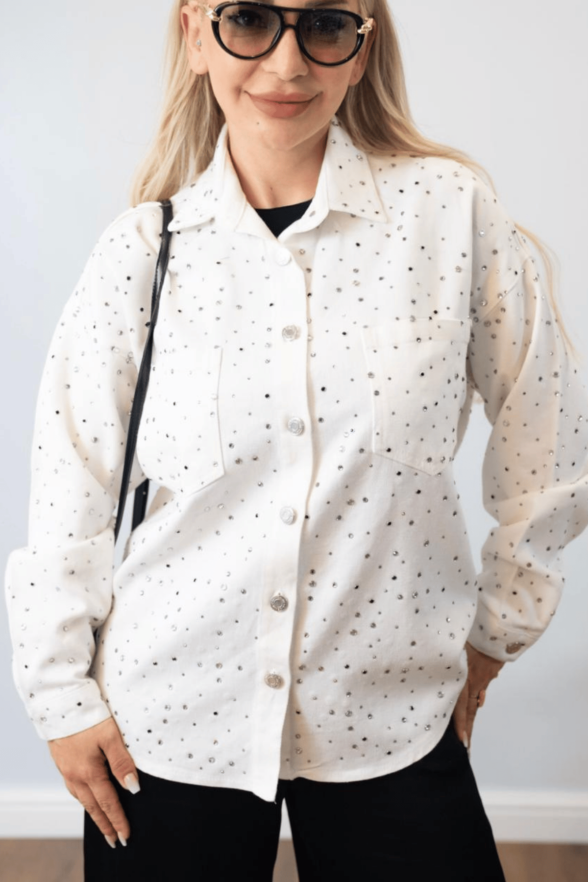 Apat Beyaz Oversize Taş İşlemeli Denim Ceket