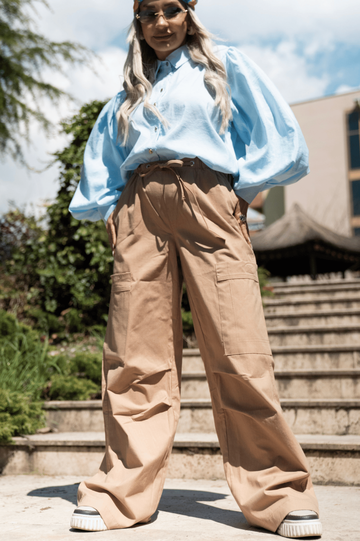 Bej Lastikli Bel Comfort Fit Kargo Pantolon