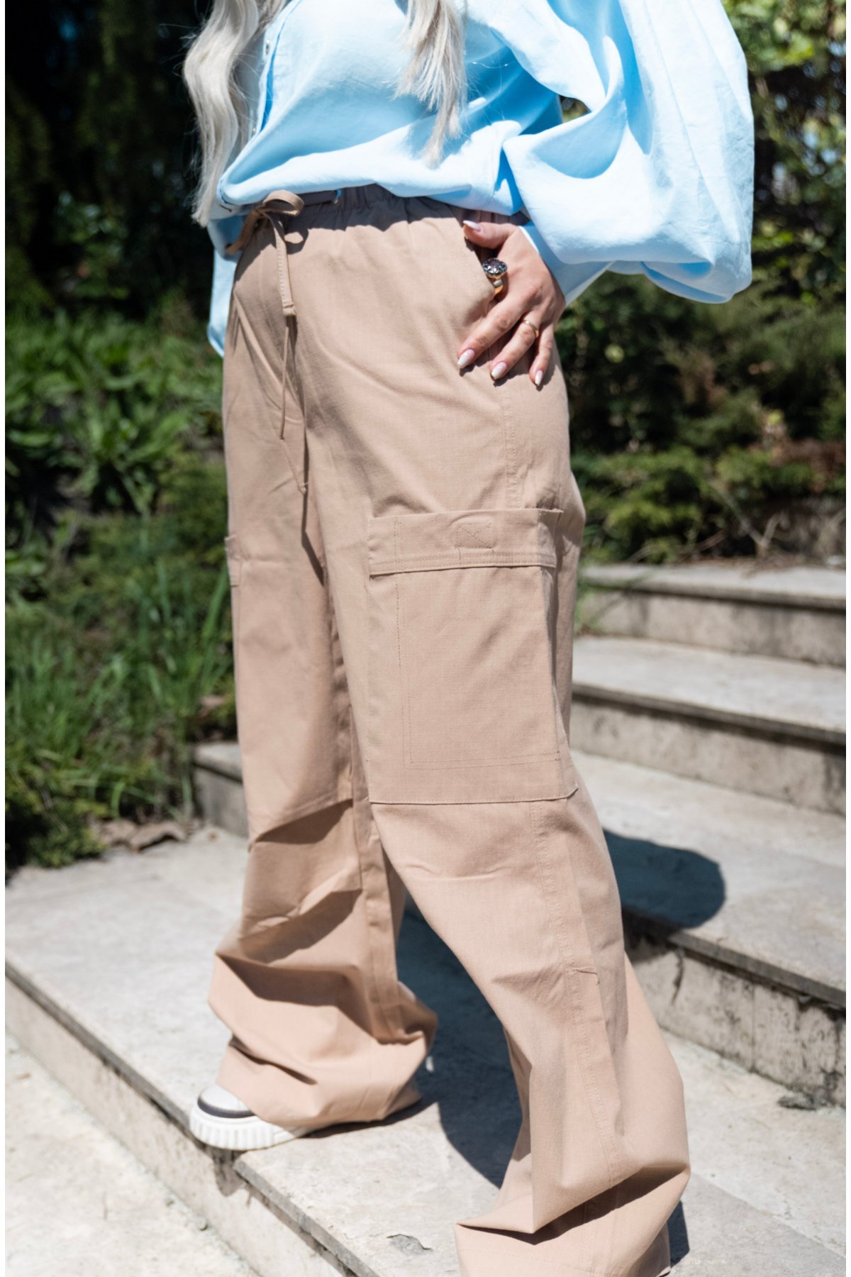 Bej Lastikli Bel Comfort Fit Kargo Pantolon