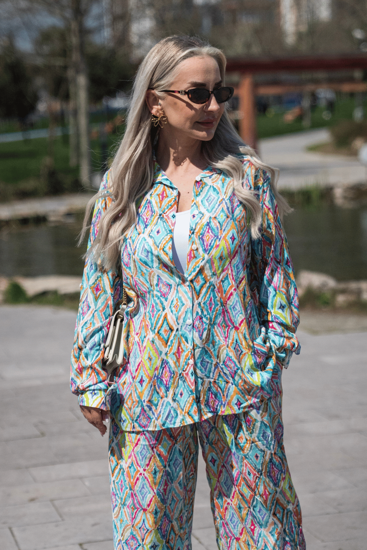 Beli Lastikli Geometrik Desen Çok Renkli Kadın Alt Üst Takım