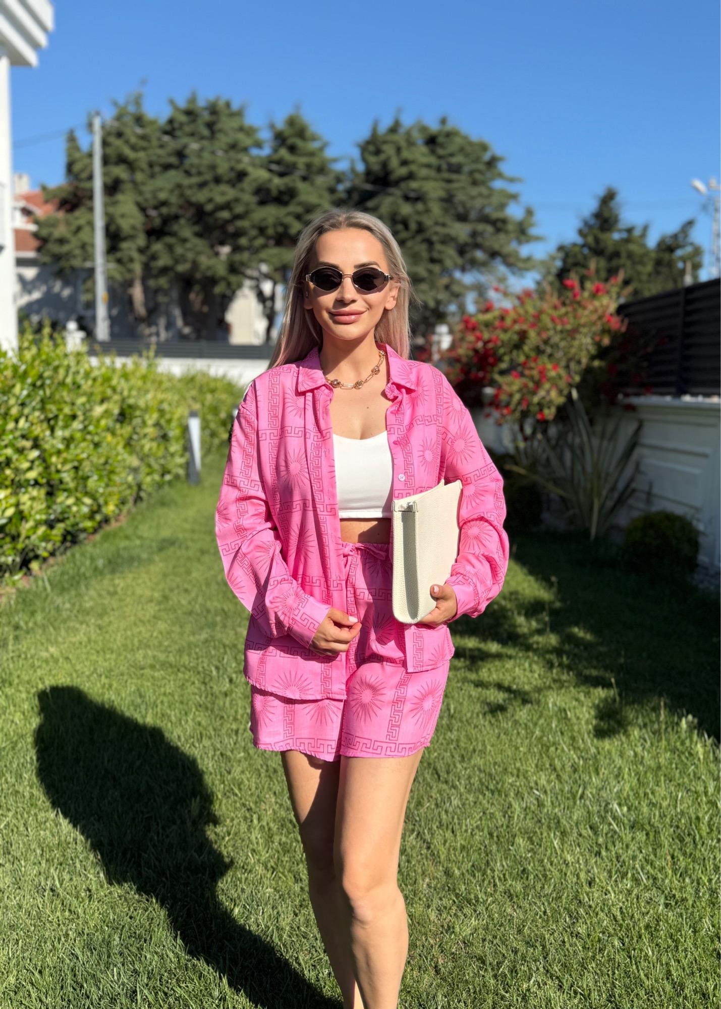 Beli Lastikli Şortlu Kadın Pembe Alt Üst Takım