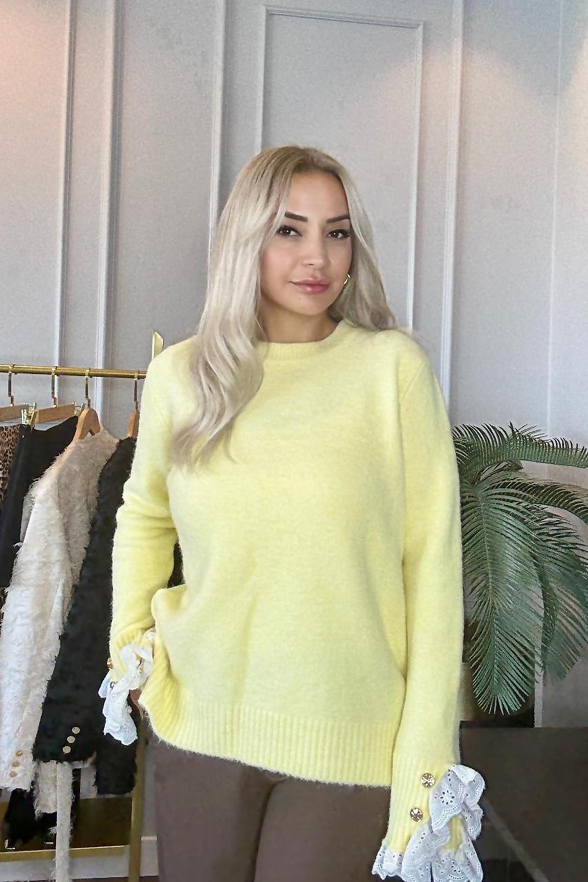 Bisiklet Yaka Kolları Detay İşlemeli Sarı Kadın Triko Kazak