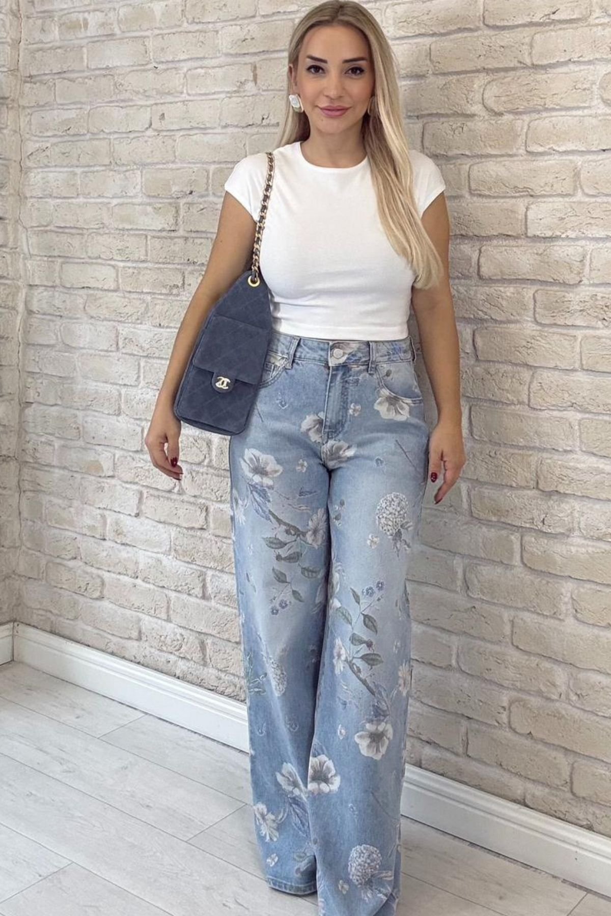 Felicia İthal Çiçek Desenli Yüksek Bel Likralı Jean Pantolon Esnek Skinny Denim