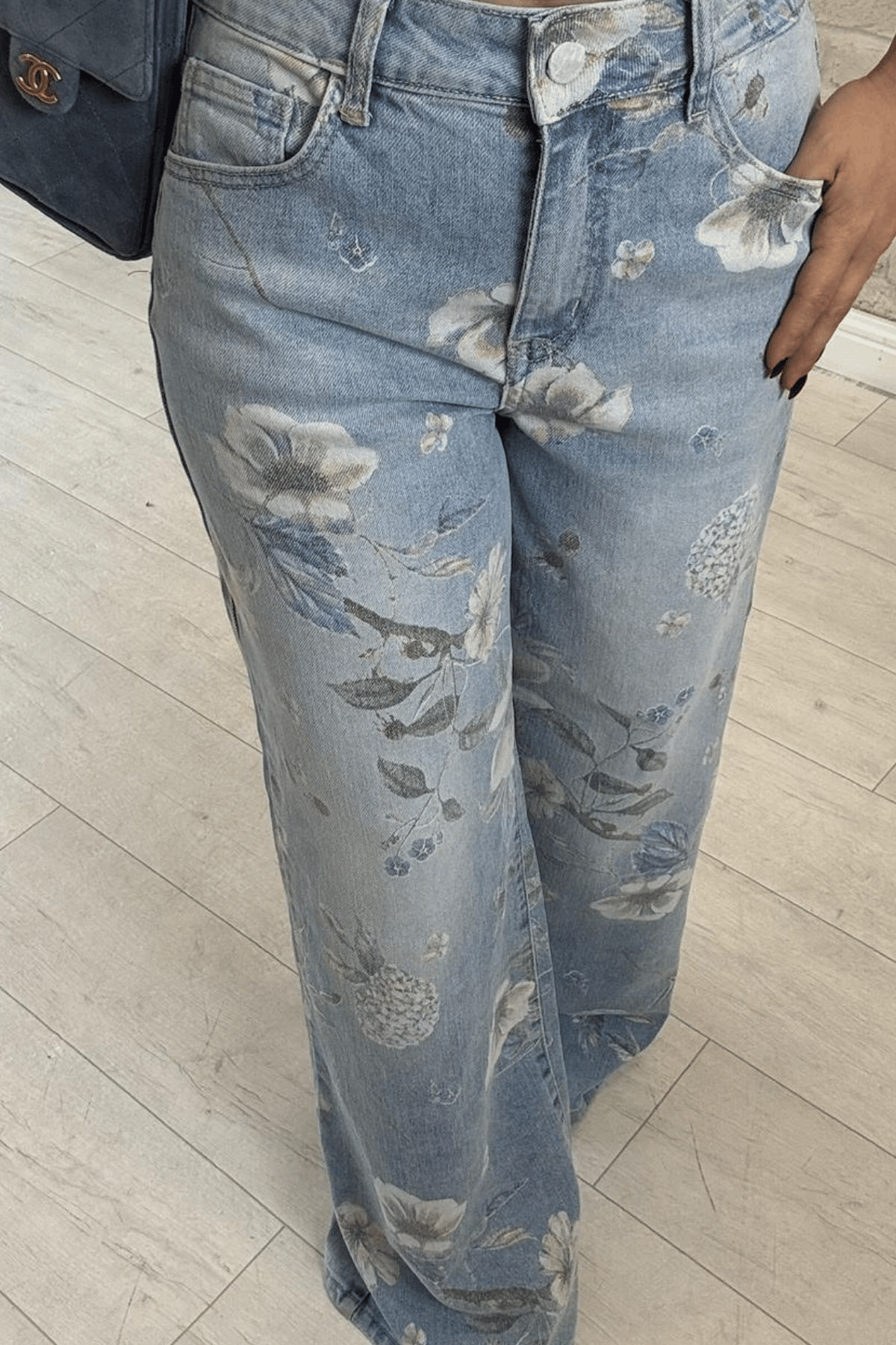Felicia İthal Çiçek Desenli Yüksek Bel Likralı Jean Pantolon Esnek Skinny Denim