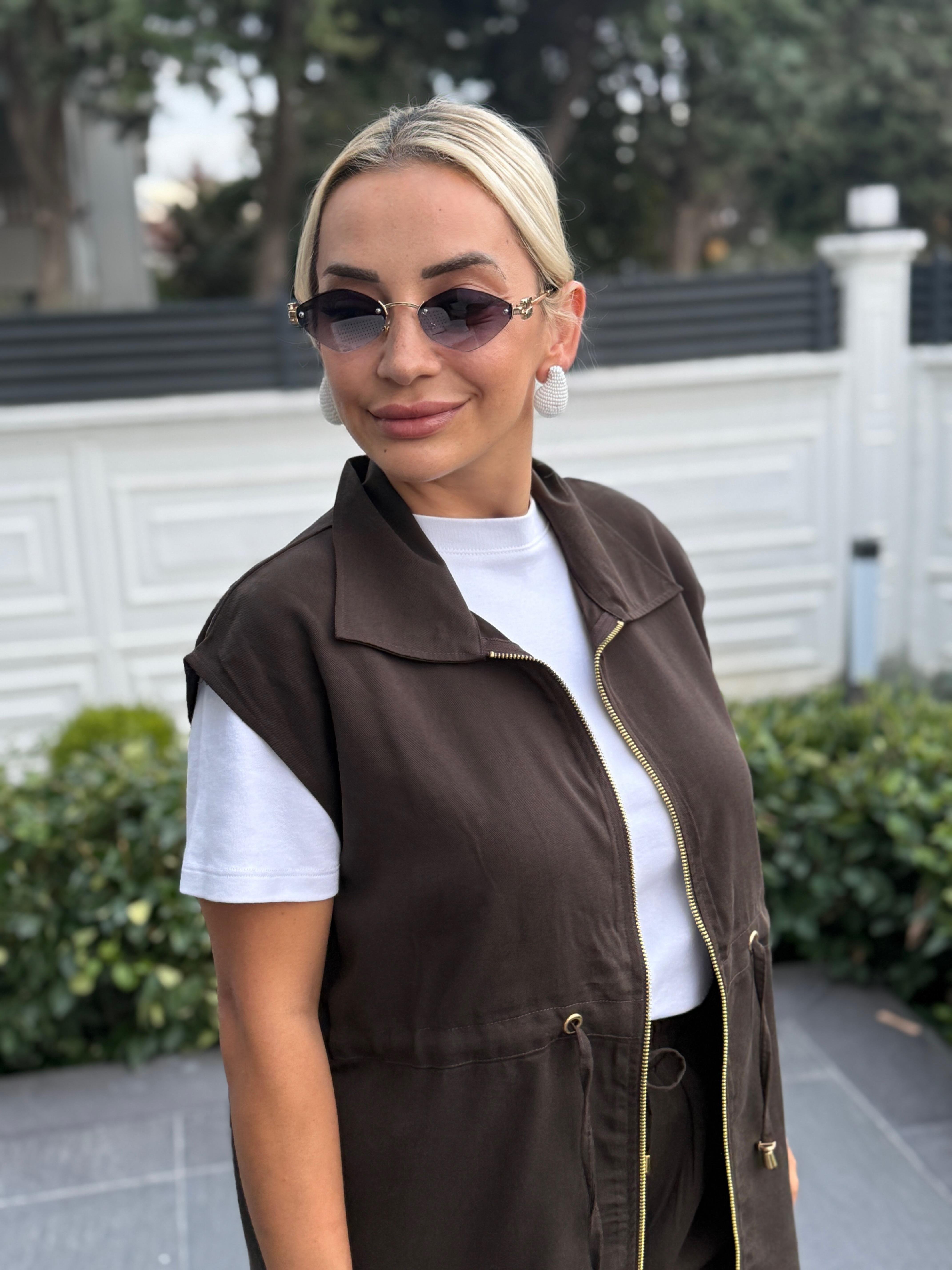 Fermuarlı Beli Lastikli Kadın Kahverengi Alt Üst Takım