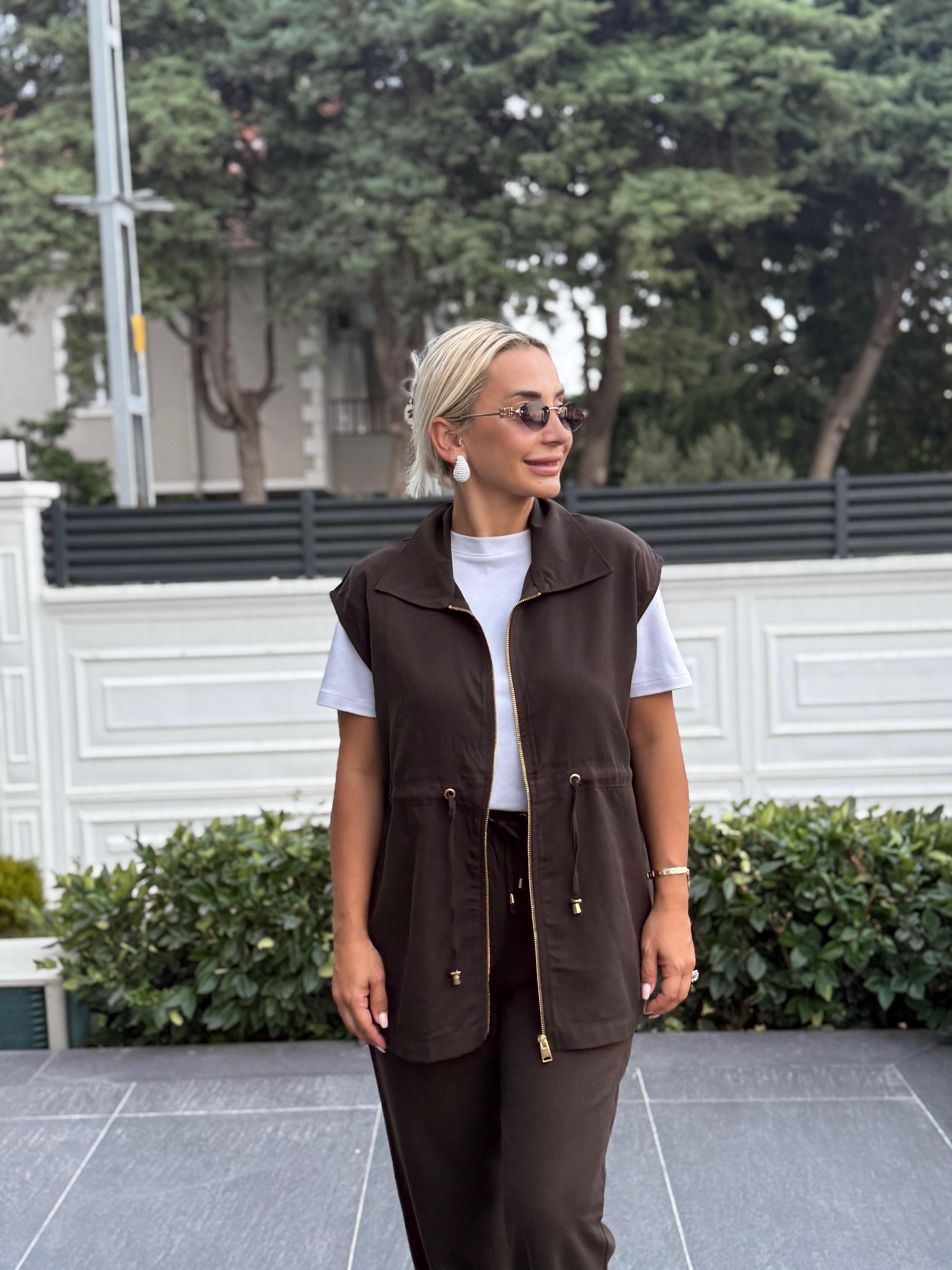 Fermuarlı Beli Lastikli Kadın Kahverengi Alt Üst Takım