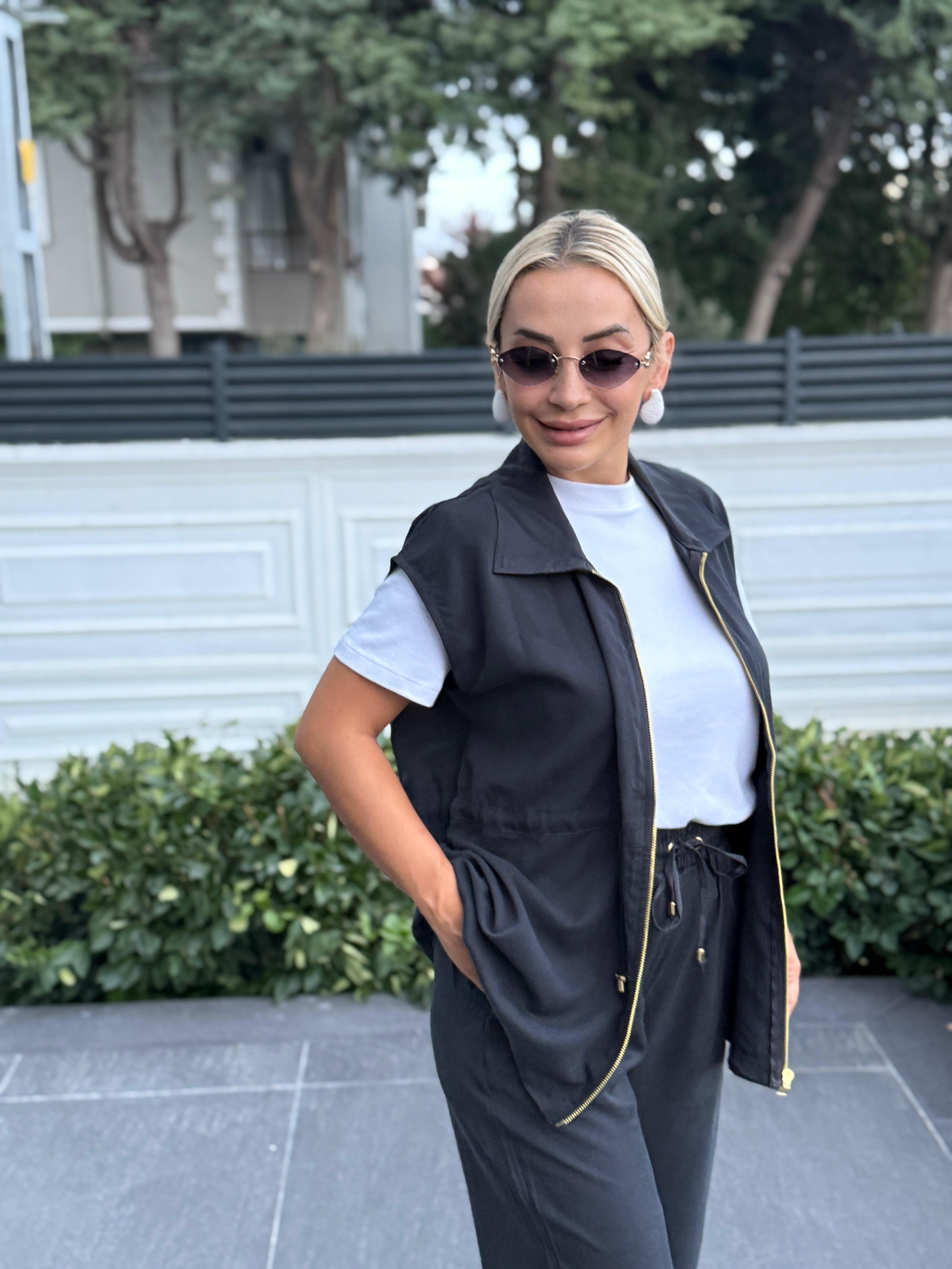 Fermuarlı Beli Lastikli Kadın Siyah Alt Üst Takım