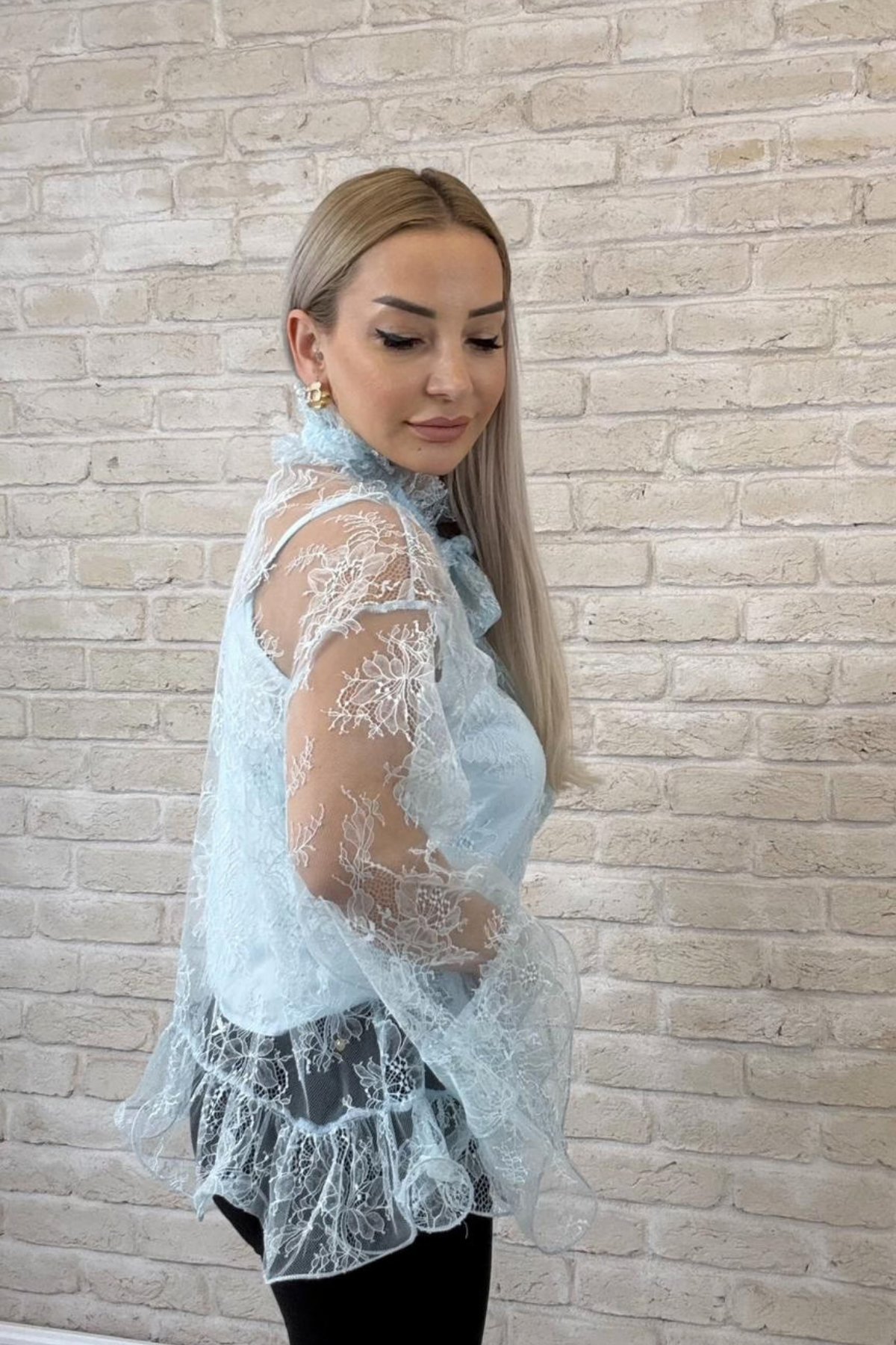 Garciel Mavi Kendinden Bodyli İthal Tül Gömlek