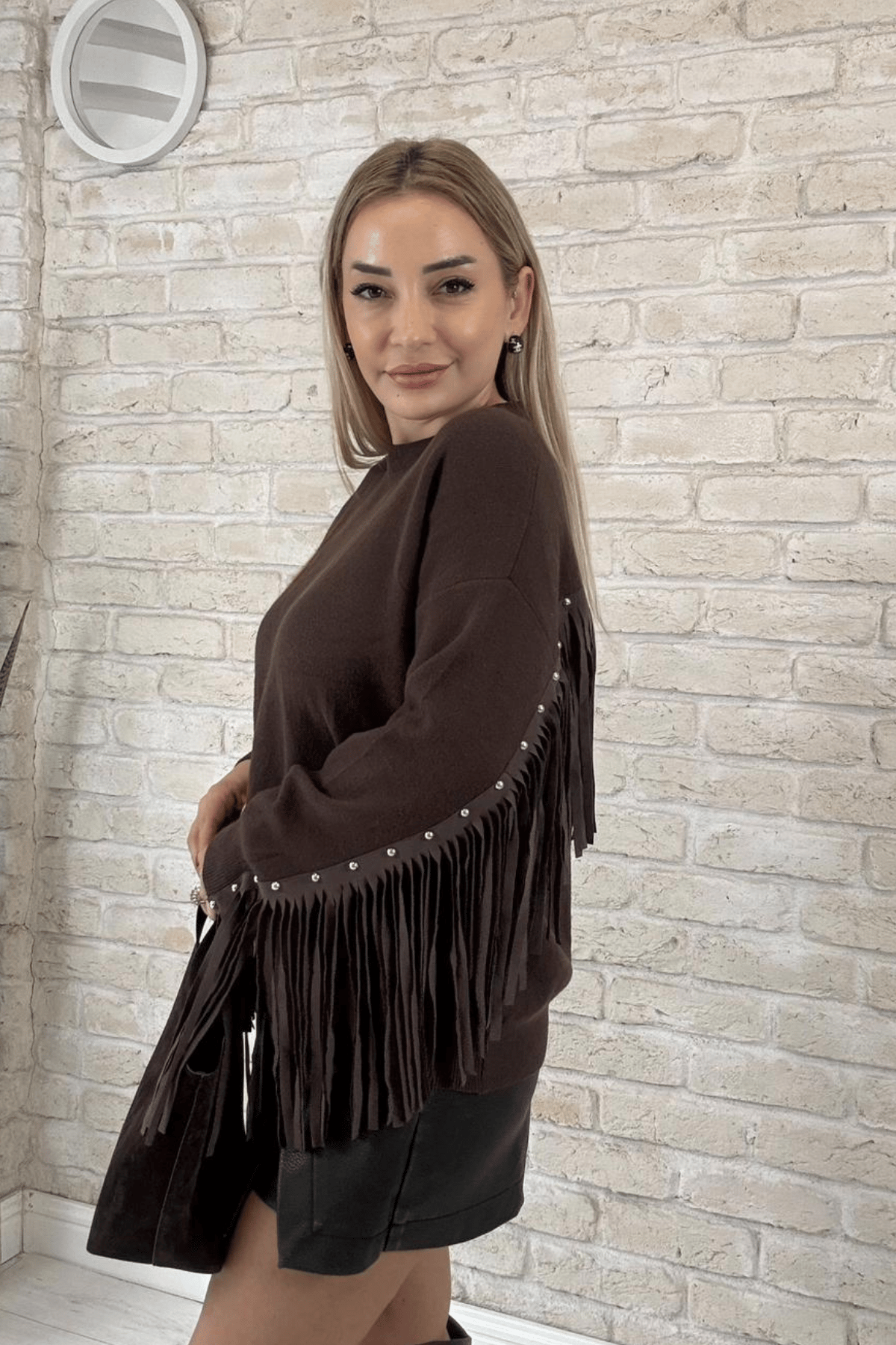 İthal Kahve Kendinden Püsküllü Kadın Triko