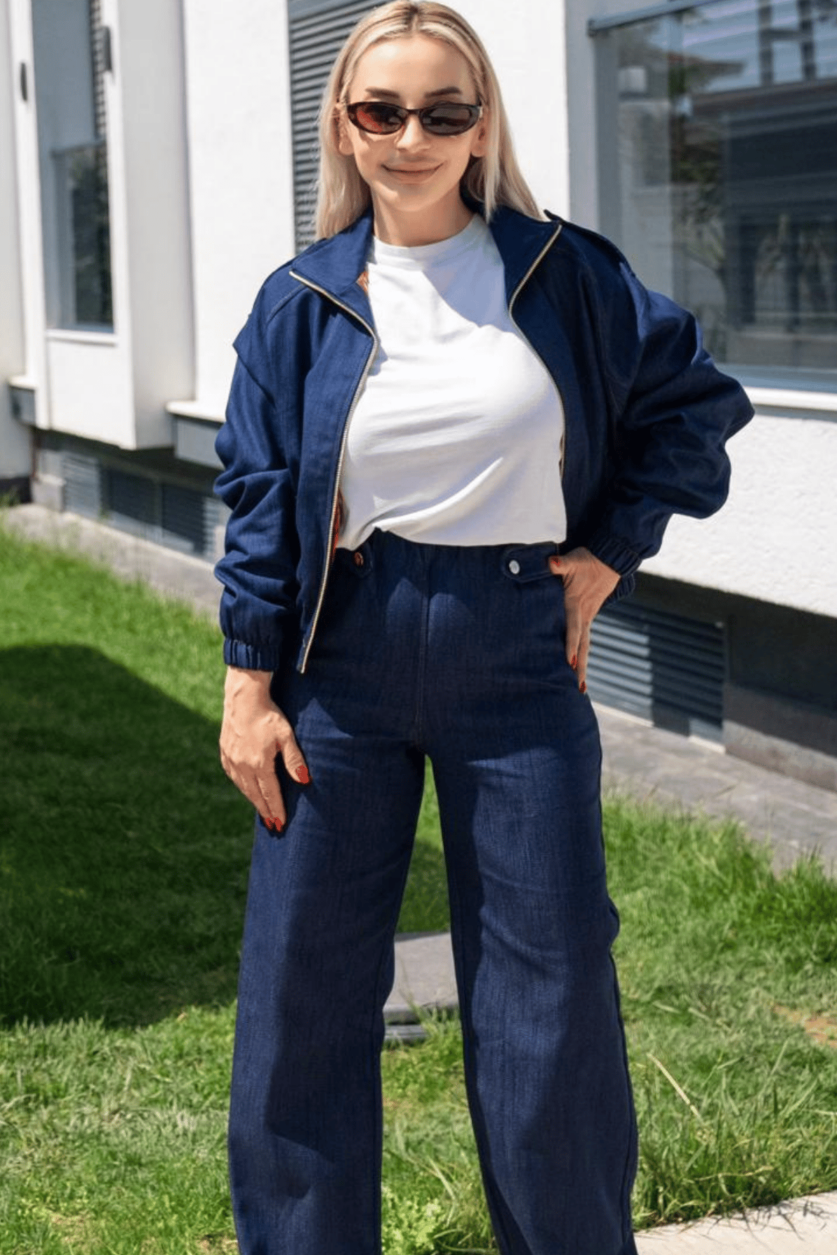 Kadın Denim Takım Astarlı Ceket ve Lastikli Bel Pantolon