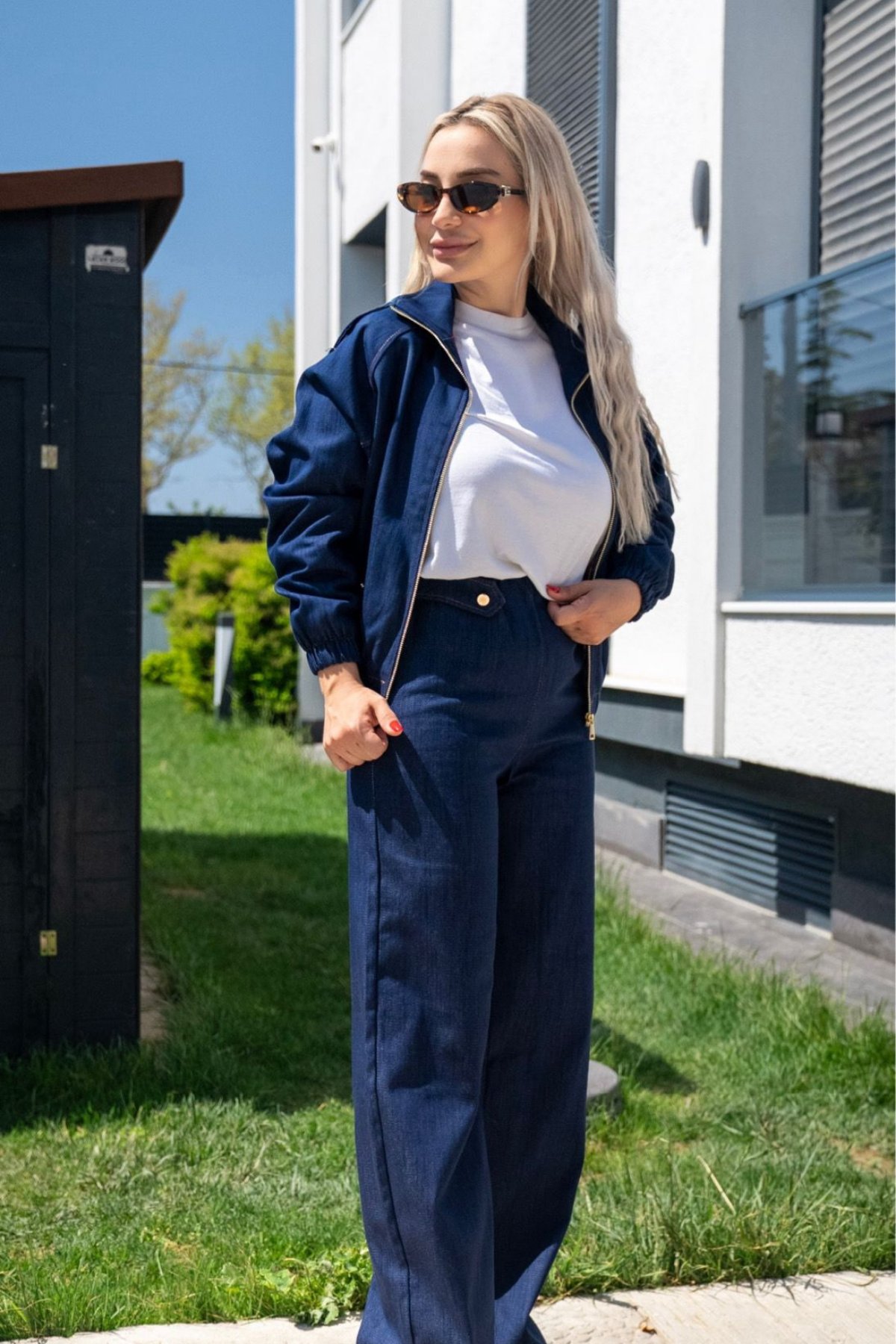 Kadın Denim Takım Astarlı Ceket ve Lastikli Bel Pantolon
