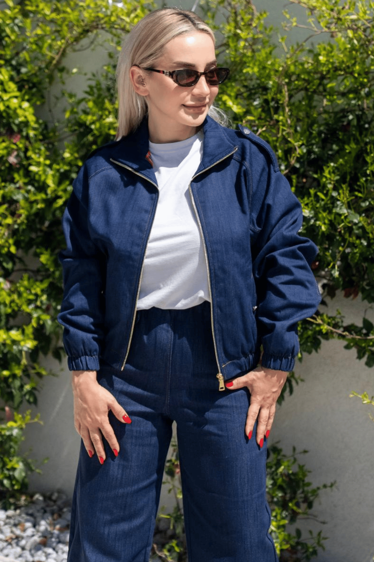 Kadın Denim Takım Astarlı Ceket ve Lastikli Bel Pantolon