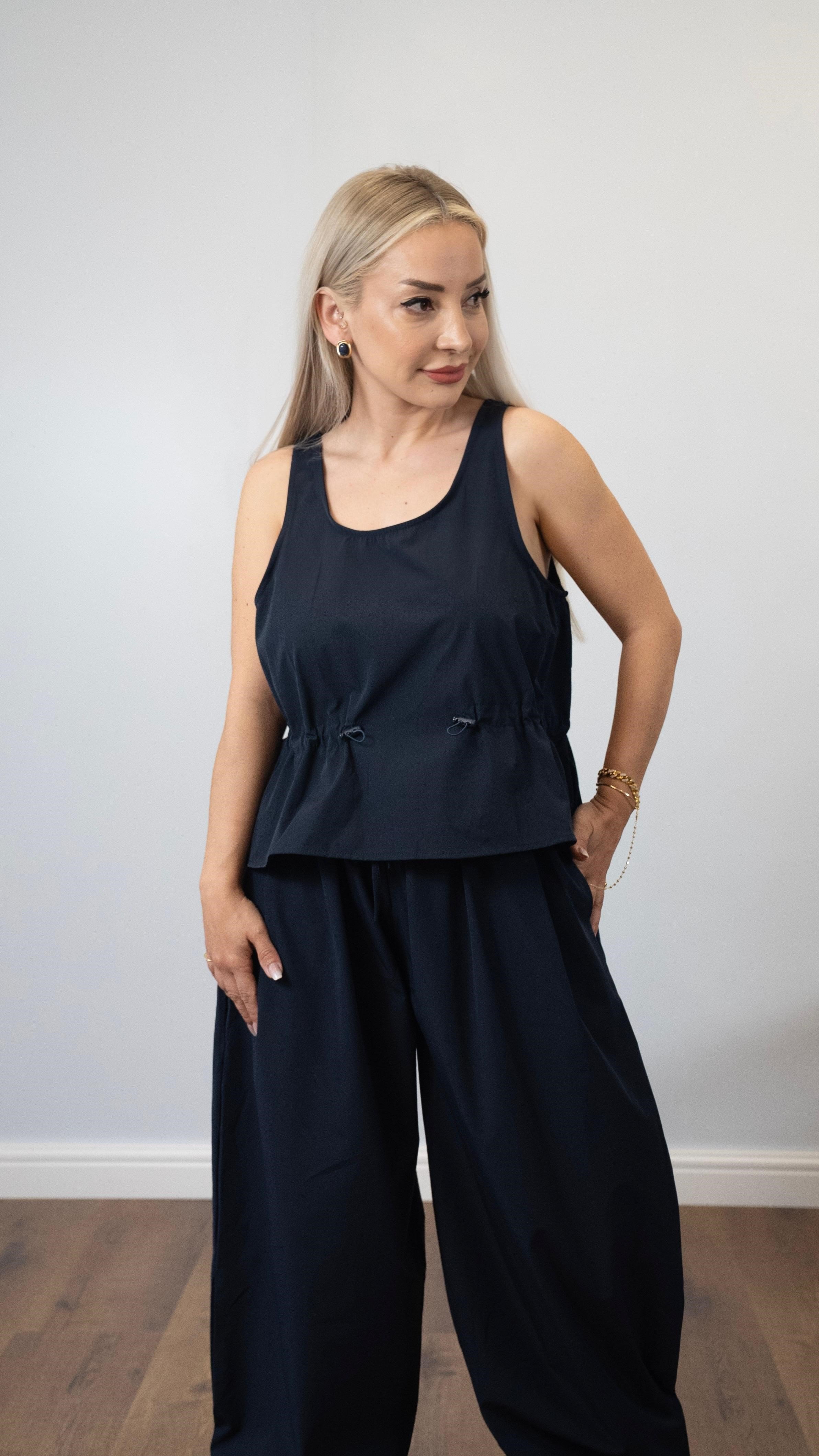 Kadın Lacivert Kemerli Pantolon Takım - Beli Lastikli Rahat Kalıp İkili Set