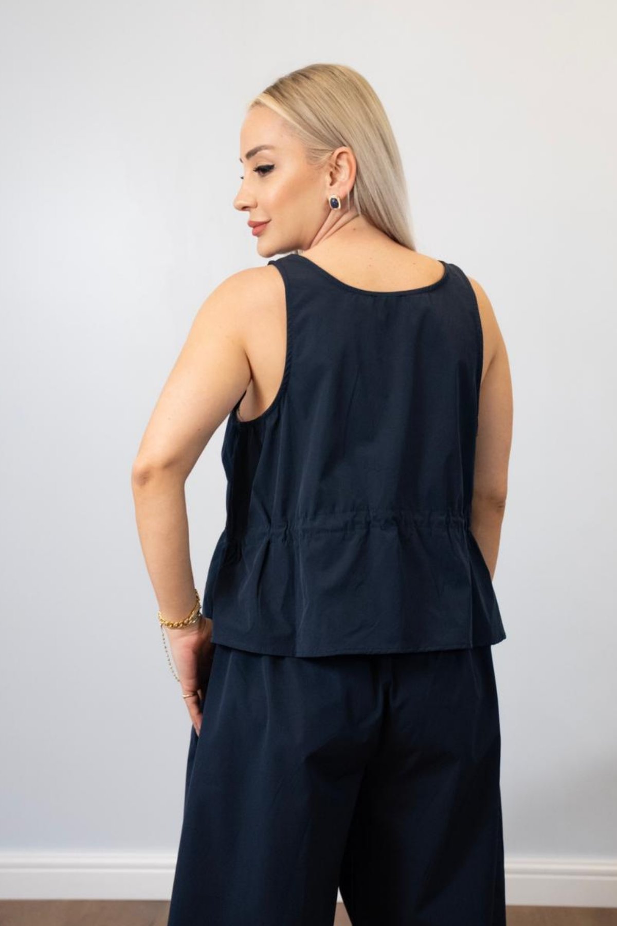 Kadın Lacivert Kemerli Pantolon Takım - Beli Lastikli Rahat Kalıp İkili Set