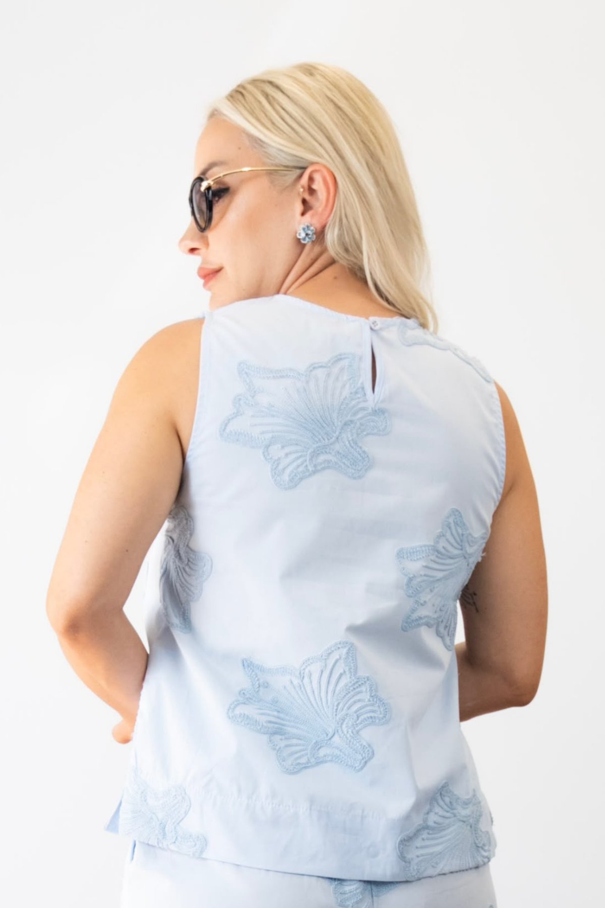 Kadın Mavi Nakış İşlemeli İkili Takım - Beli Lastikli Geniş Paça Pantolon Bluz Kombin