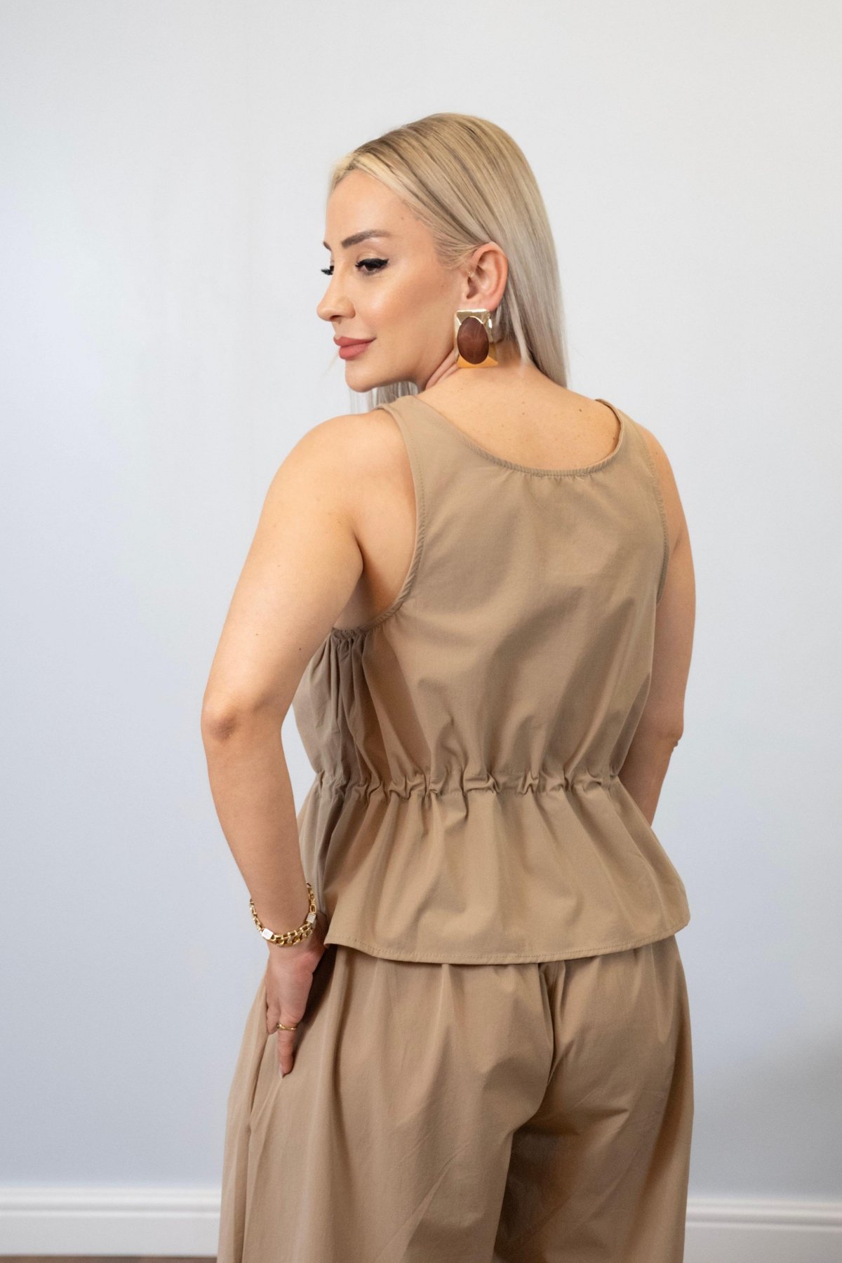 Kadın Vizon Kemerli Pantolon Takım - Beli Lastikli Rahat Kalıp İkili Set