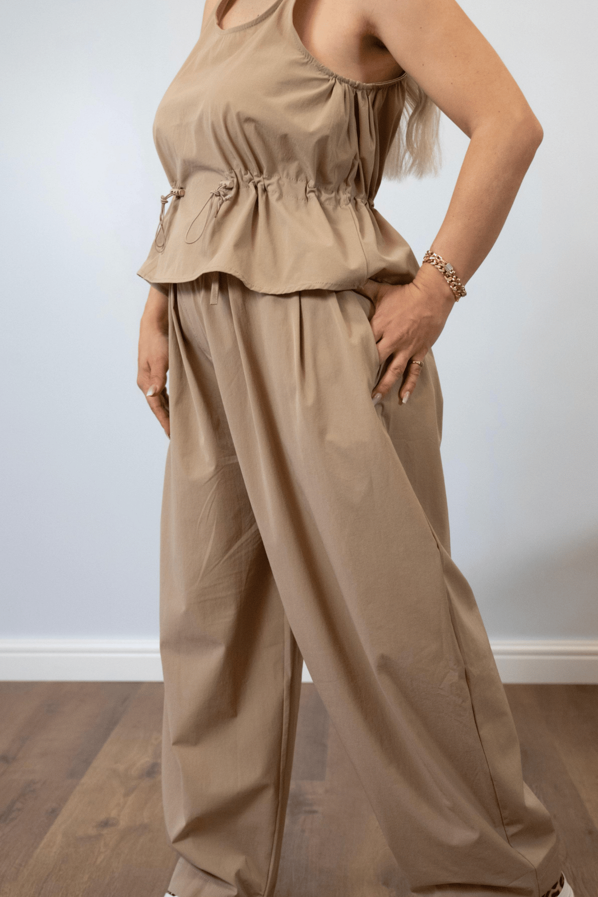 Kadın Vizon Kemerli Pantolon Takım - Beli Lastikli Rahat Kalıp İkili Set