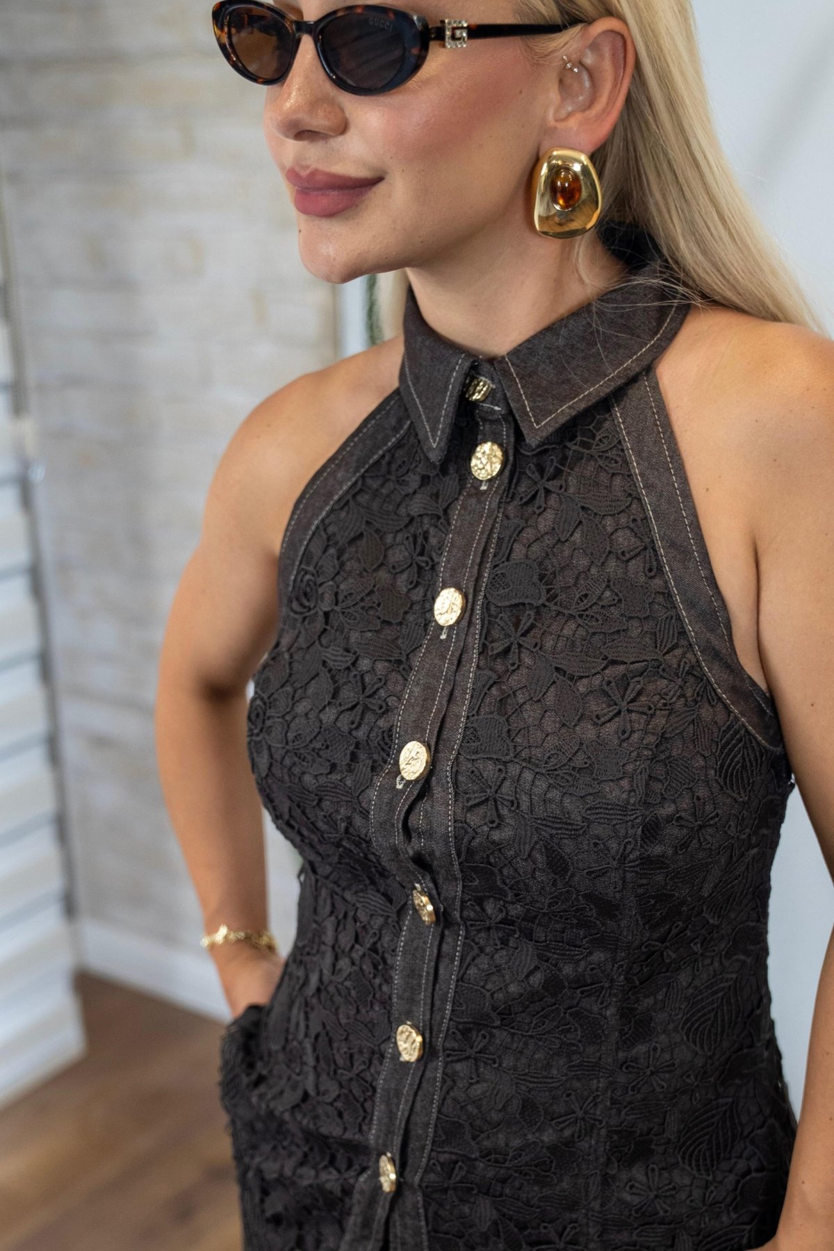 Kahverengi Güpür Detaylı Denim Alt Üst Takım