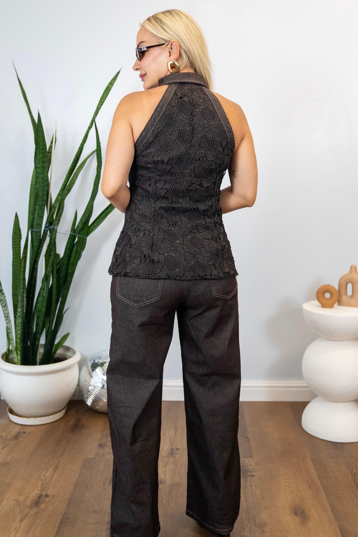 Kahverengi Güpür Detaylı Denim Alt Üst Takım