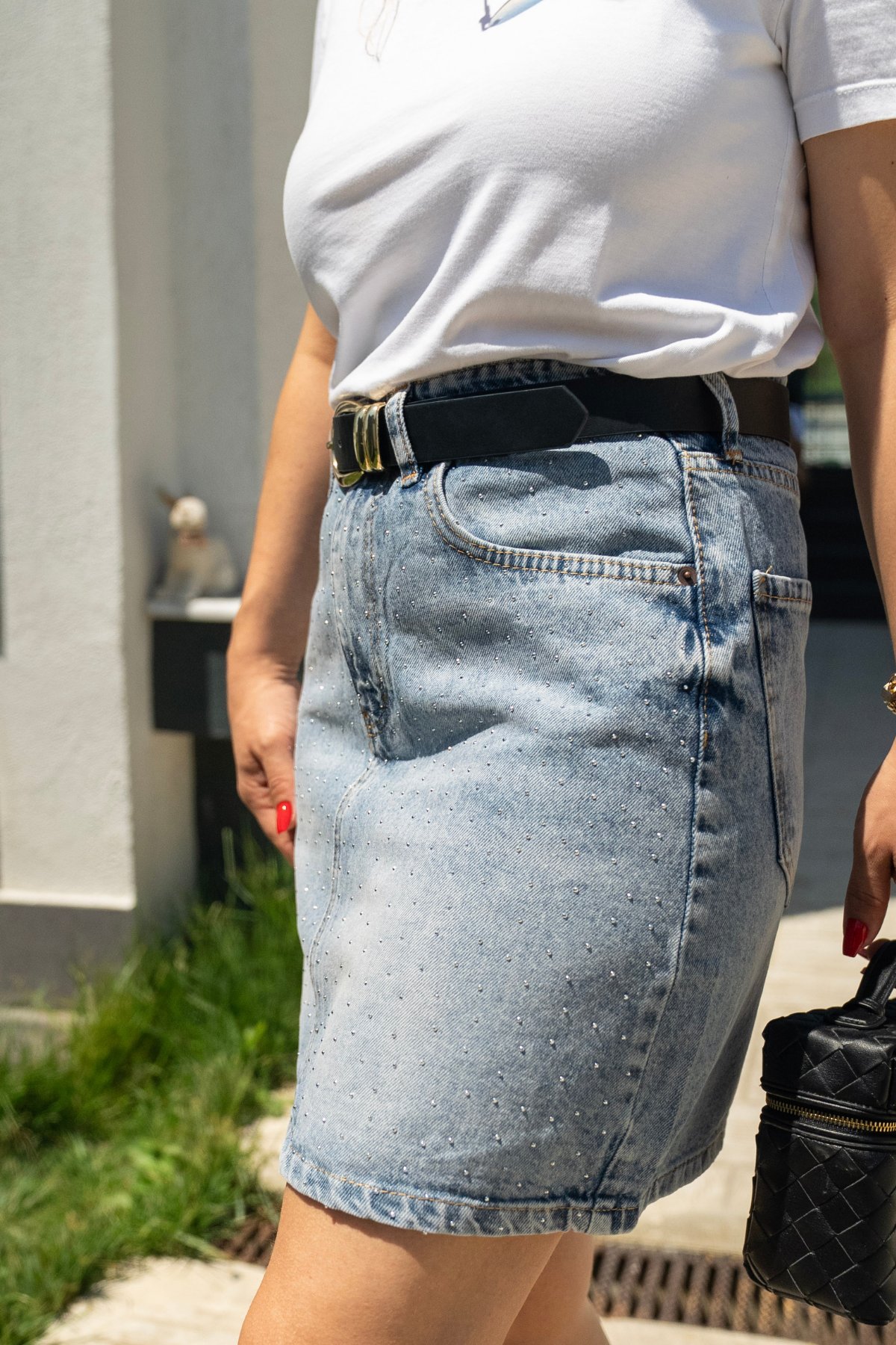Katri Taş Detaylı Yüksek Bel Mini Kot Etek – Jean Mini Etek Modeli