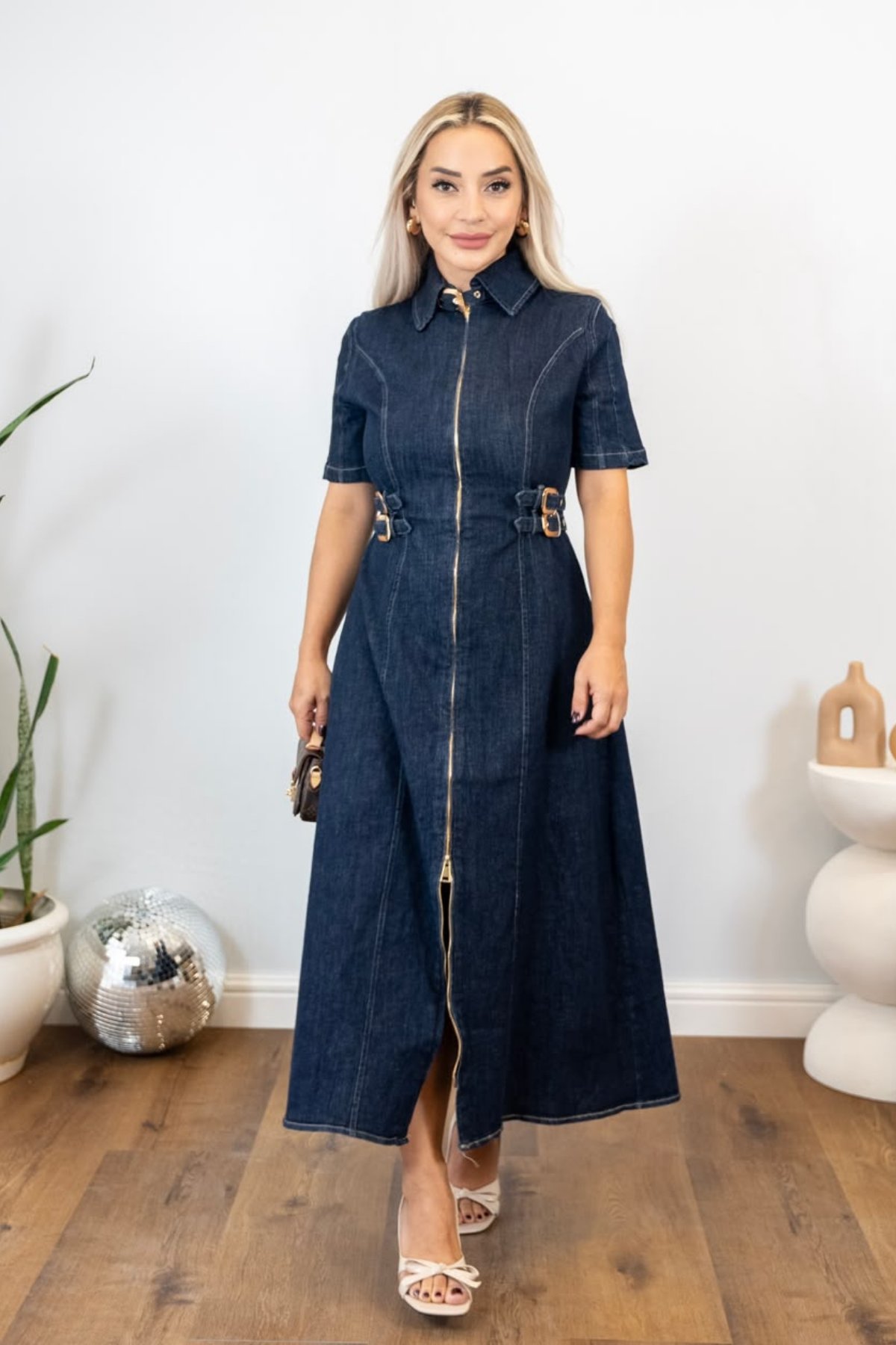 Kemer Detaylı Denim Elbise