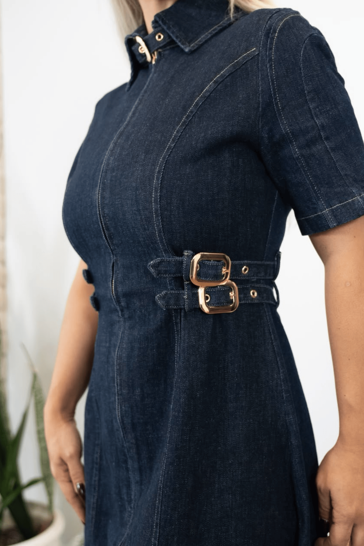 Kemer Detaylı Denim Elbise