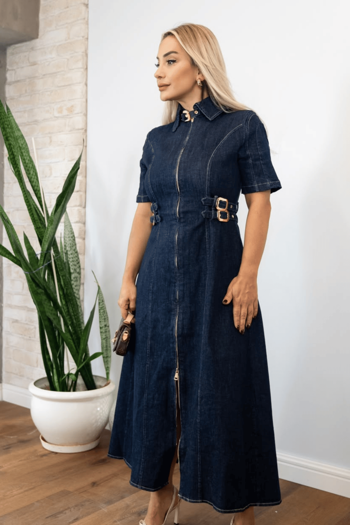 Kemer Detaylı Denim Elbise