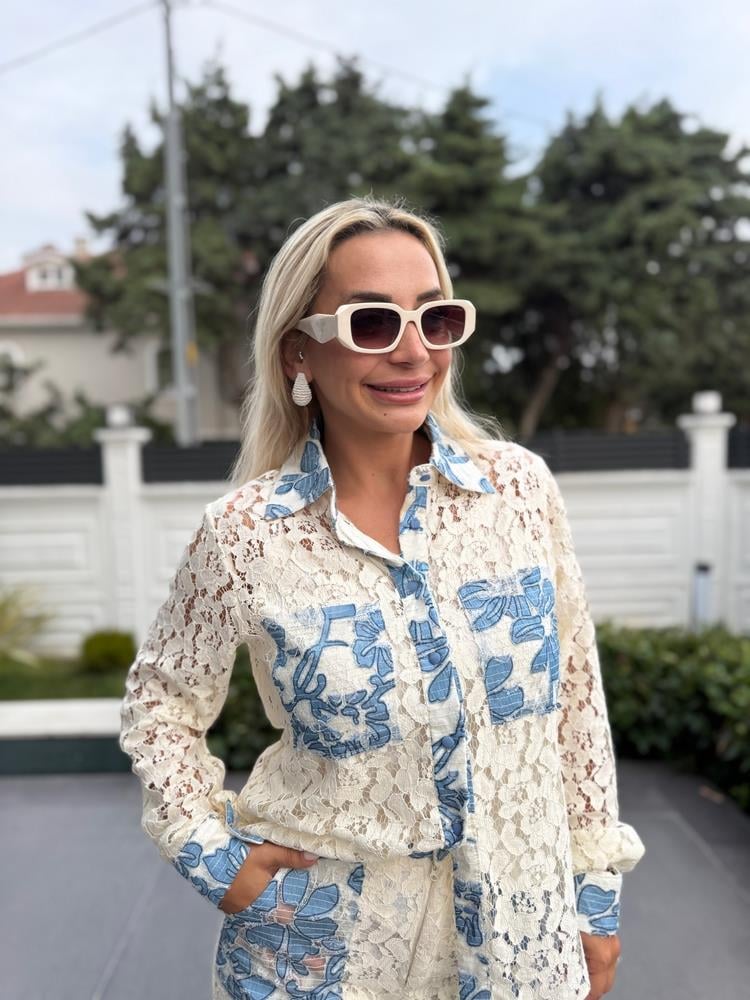 Mavi Beyaz Dantel Detaylı Pantolon Gömlek Alt Üst Takım