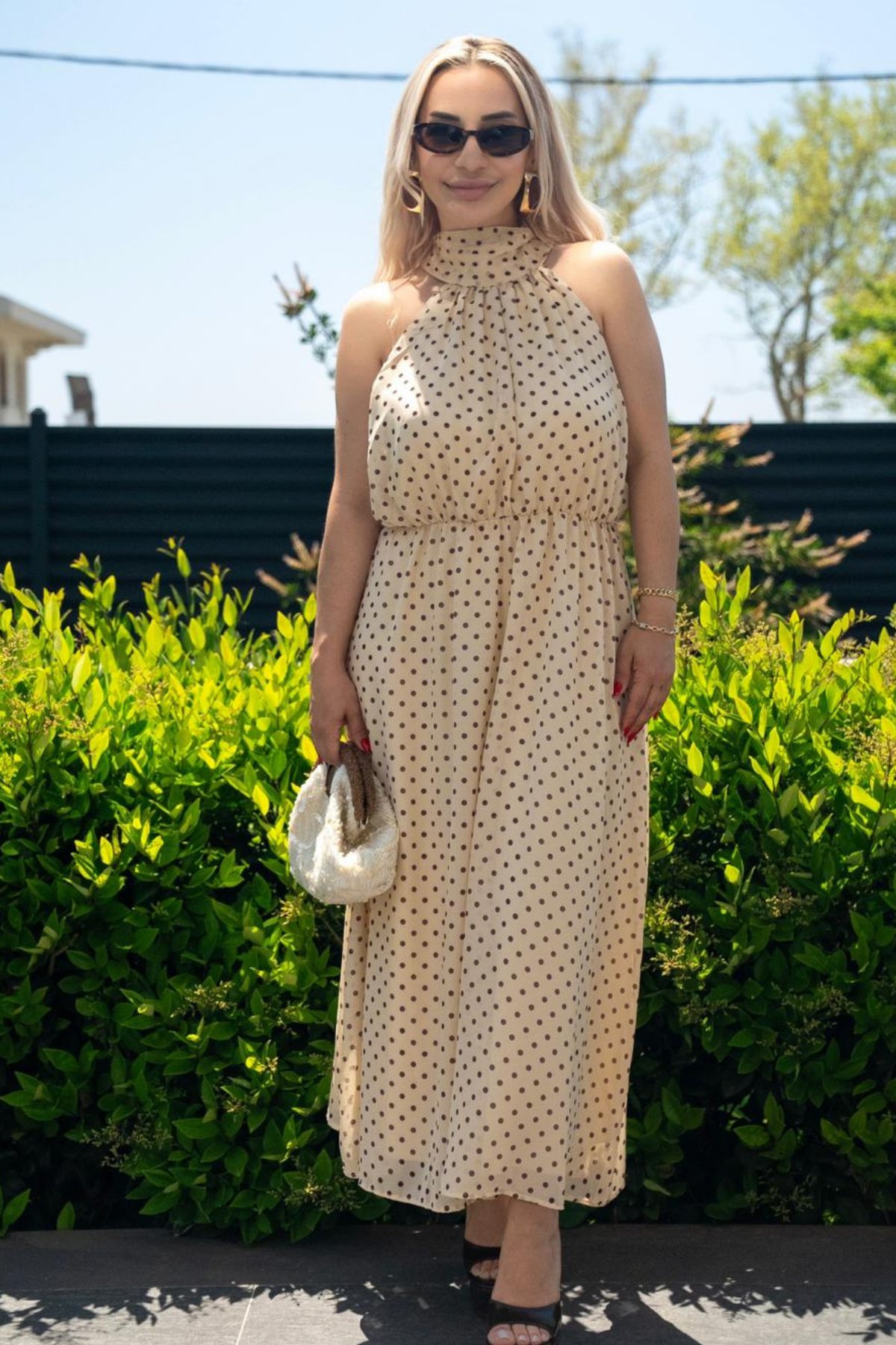 Muxa Bej Kahve Puantiyeli Boğazdan Düğme Detaylı Astarlı Kadın Elbise