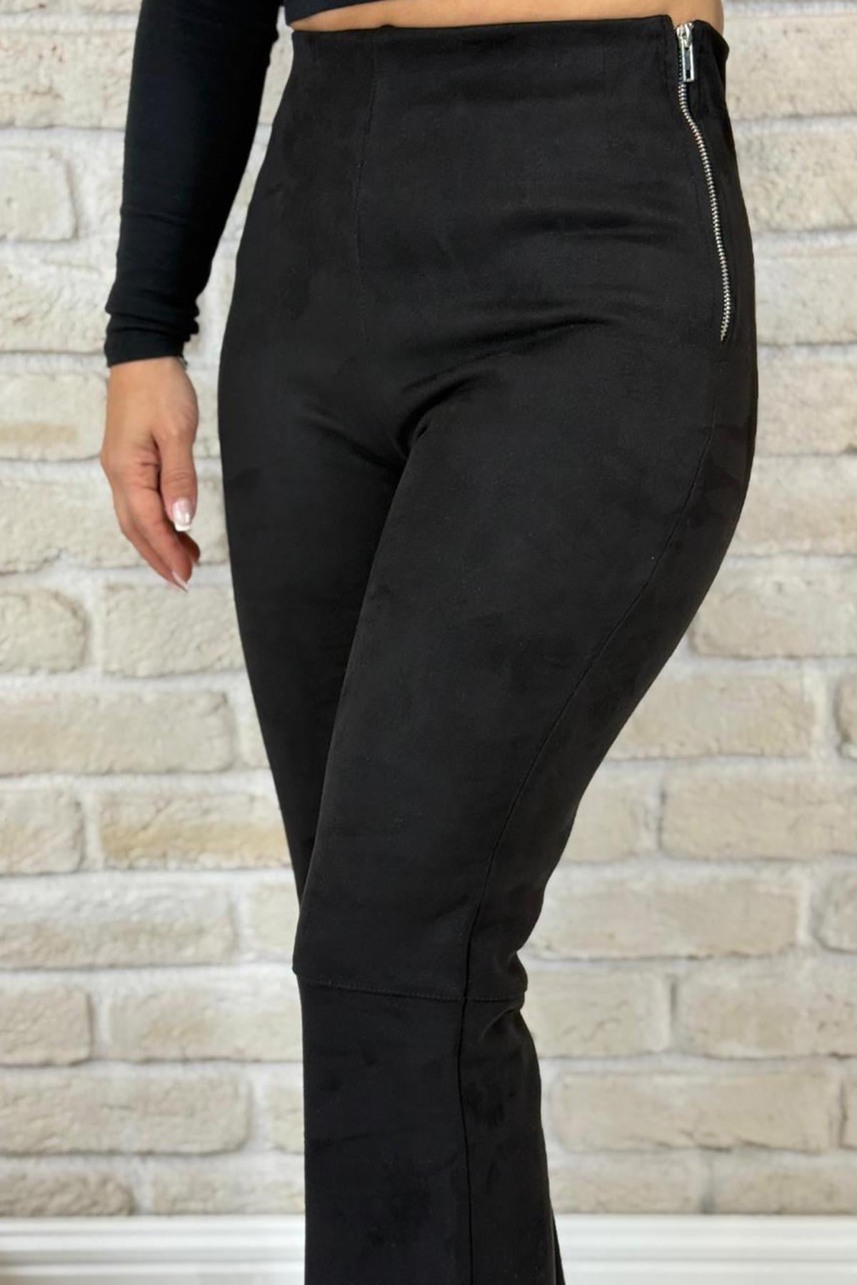 Nubuk Kumaş Siyah Bol Paça Pantolon
