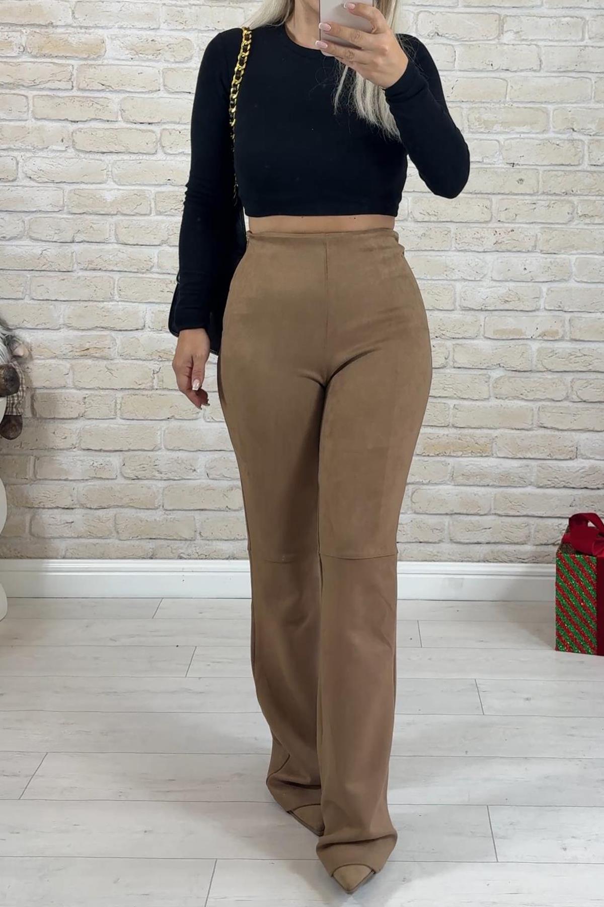Nubuk Kumaş Sütlü Kahve Bol Paça Pantolon
